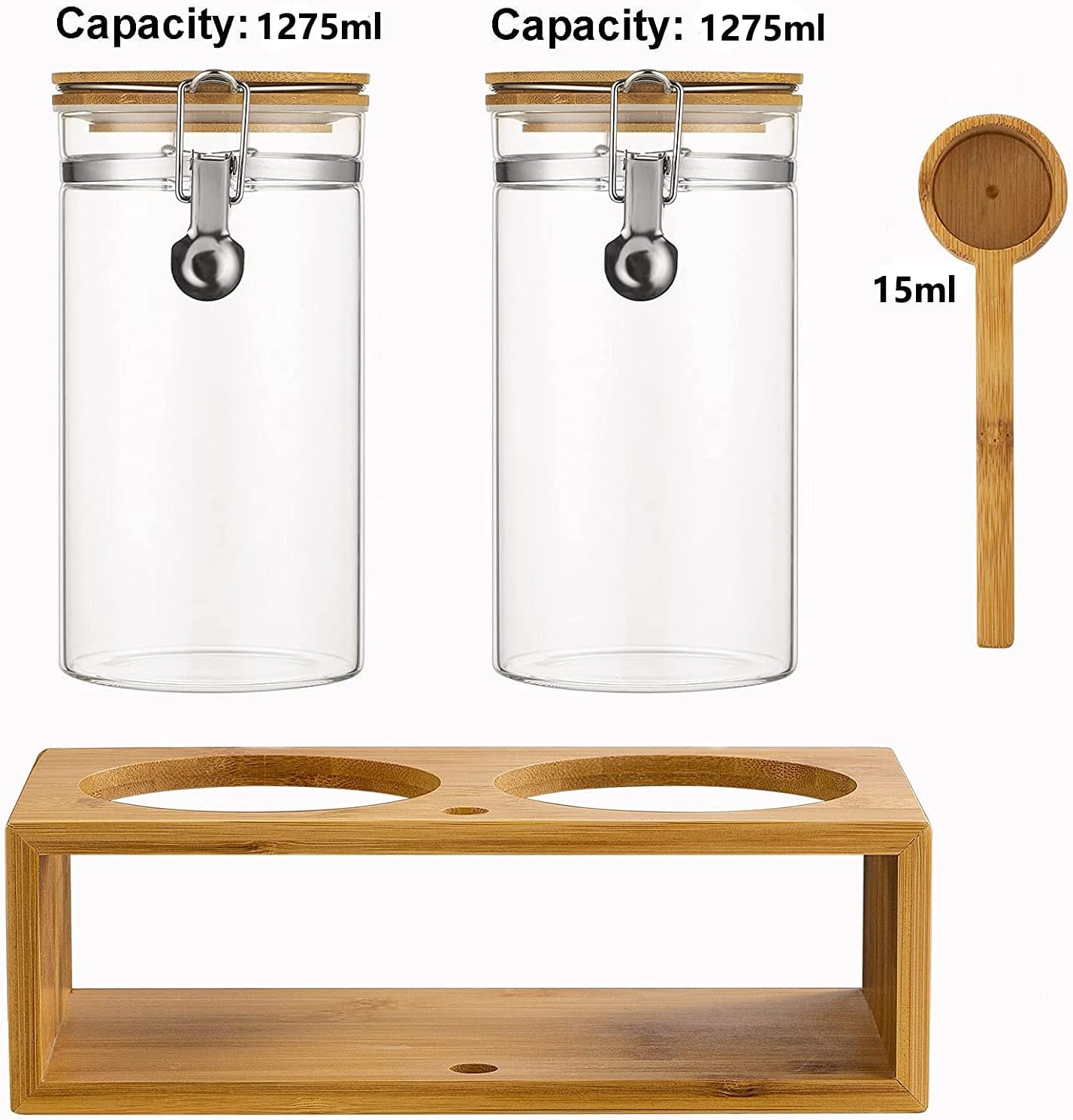 Yangbaga Ground Coffee Storage Container with Shelf, 2×45OZ Glass Coffee and Sugar Container Set, Coffee Canisters with Airtight Lids and Scoop, Food Storage Jars for Kitchen,Nuts,Tea,Sugar