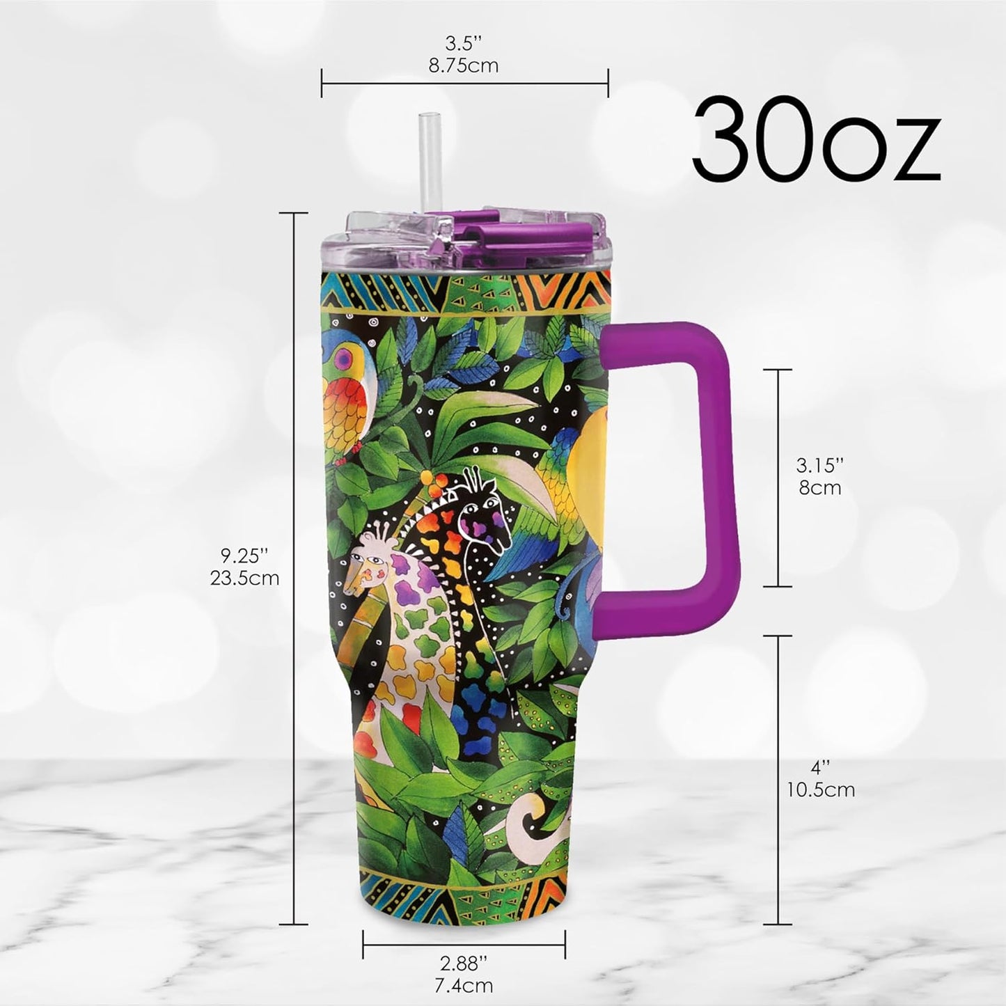 RainCaper 18/8 Stainless Steel Insulated Water Tumbler with Straw | 30oz, BPA-Free, Double Wall for Hot & Cold | Travel-Friendly, Cup Holder Ready (Laurel Burch Jungle Song)