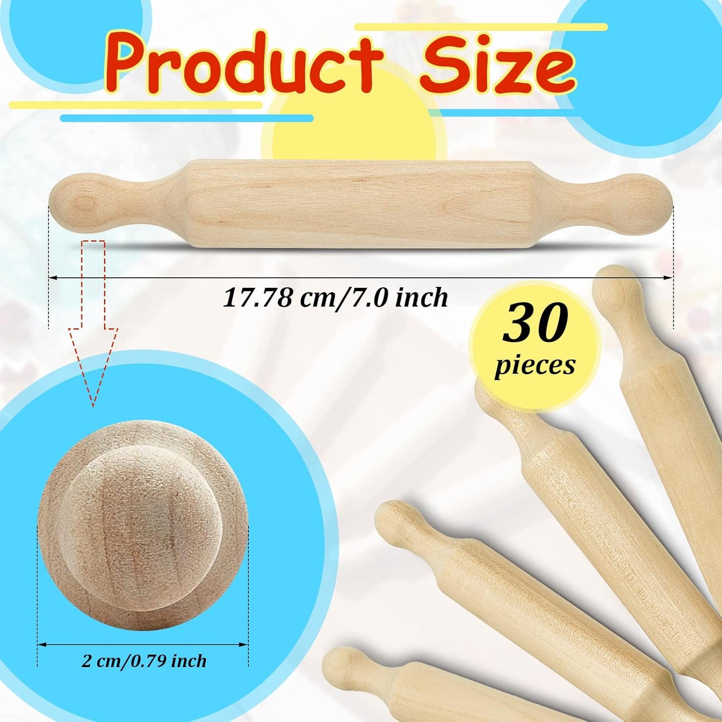 Suclain 30 Pcs Wooden Mini Rolling Pin Long Kitchen Baking Small Dough Rolling Pin for Children Fondant Pastry Pizza Crafting and Imaginative Play for Halloween and Christmas Presents (7 Inches)