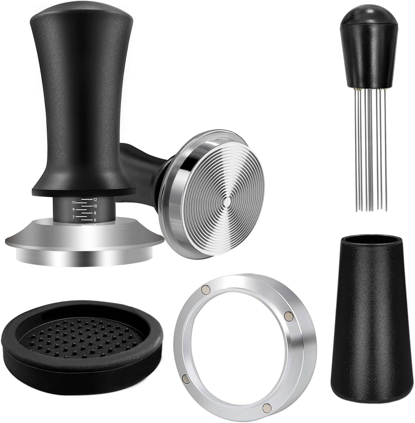 51mm Espresso Accessories Kit, Coffee Espresso Tamper Set, Spring-loaded Tamper, WDT Tool, Dosing Funnel and Silicone Gel Coffee Tamper Mat for Espresso Coffee Machines and 51 mm Portafilters