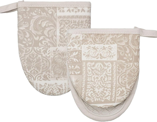 Mini Silicone Oven Mitts, Heat and Slip Resistant Kitchen Mittens 2-Pack Set, Khaki Patchwork Flower Soft Short Oven Gloves, Flexible Thick Pot Holders for Safe Cooking Baking & Grill (Khaki)