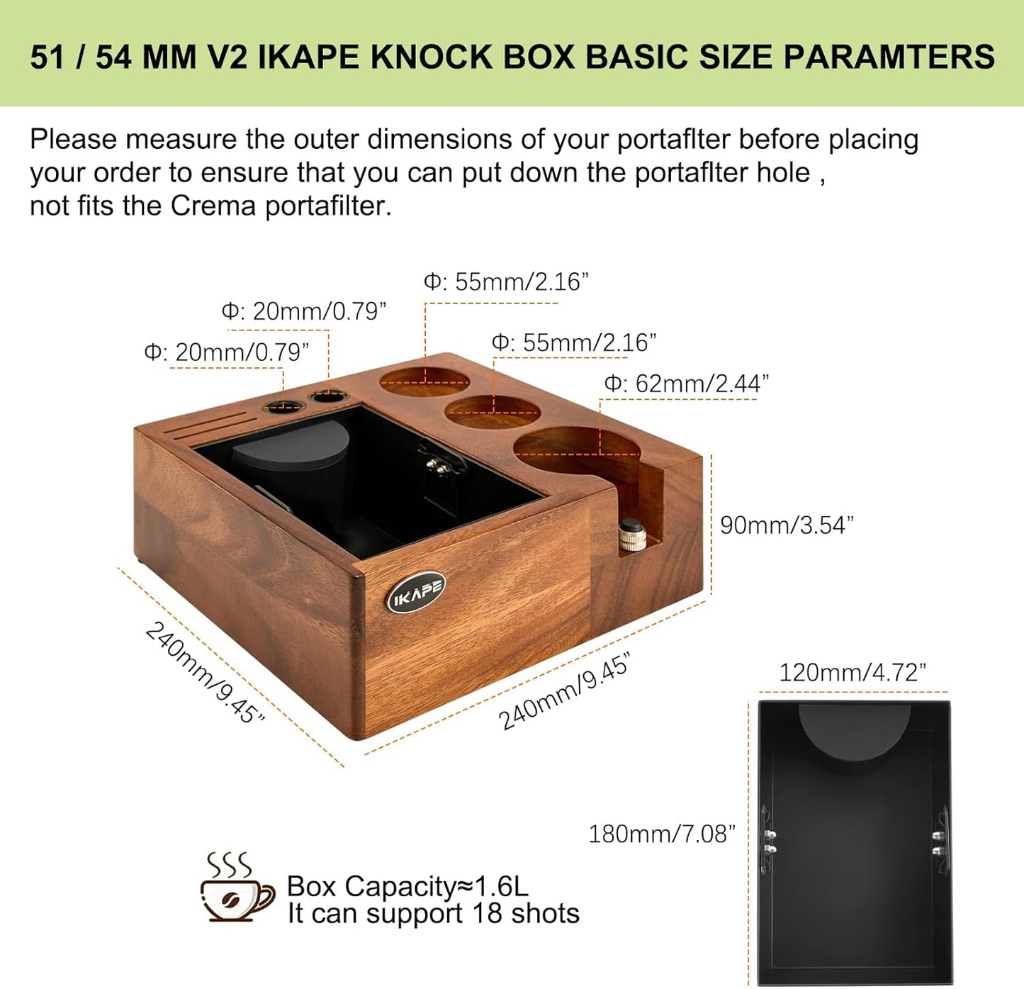 IKAPE V2 Espresso Knock Box, Espresso Coffee Organizer Box Fit for Storage 51 to 58MM Espresso Tamper, Distributor, Portafilter & Puck Screen Accessories, Natural Walnut Station Base (8 IN One)