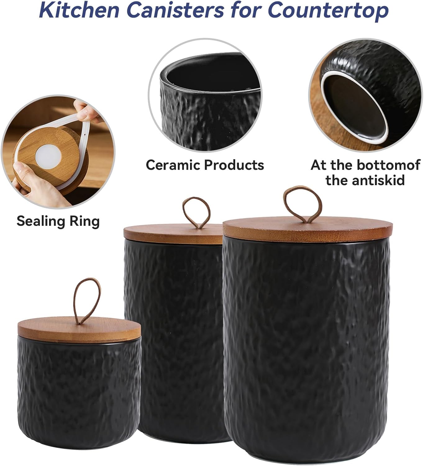 Kitchen Canisters for Countertop, Ceramic Coffee Canisters with Airtight Lids Food Storage Jars Sugar Container for Kitchen Counter Tea, Coffee Beans, Spice (#001Black-44oz/1300ml)