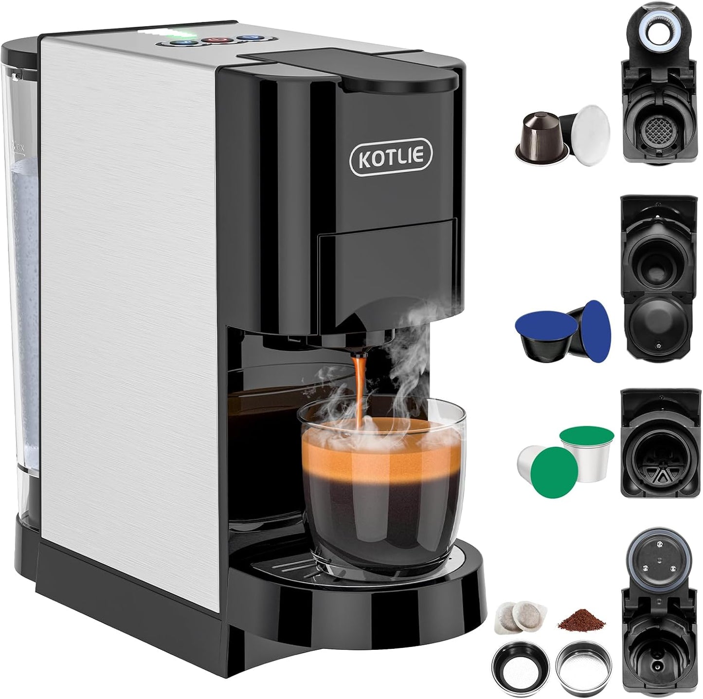 KOTLIE 19Bar Single Serve Coffee Maker, 5in1 Espresso Machine for Keu* kcup Capsules/Nespresso Original/Dolce Gusto/Ground Coffee/44mm ESE, Level 7 Water volume, Hot&Cold Brew Coffee Machine