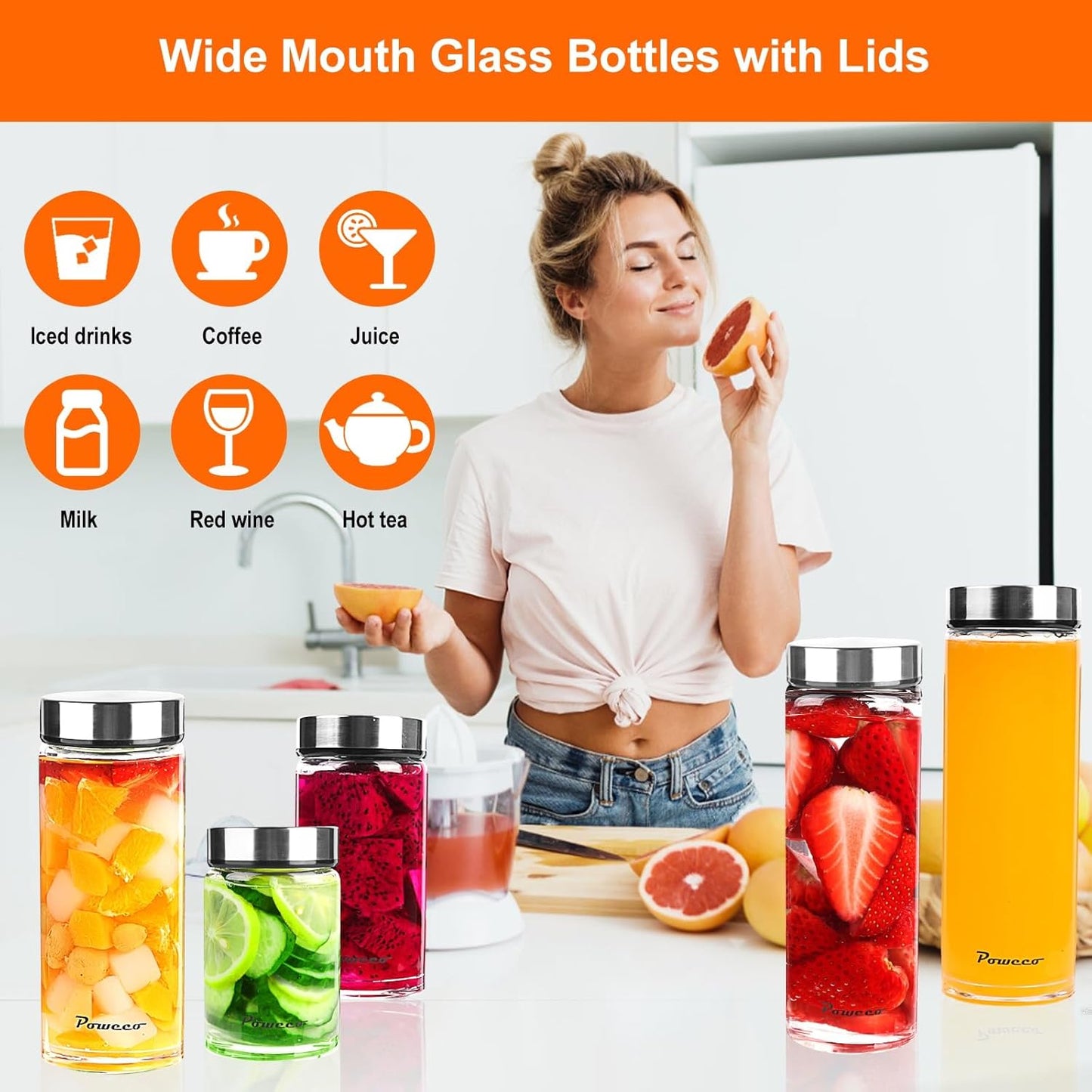 12oz Glass Juice & Water Bottles 4-Pack with Lids- Wide Mouth Reusable Borosilicate Glass- for Juicing, Smoothies, Protein Shakes, Blender & Shaker Bottle- Refillable & Dishwasher Safe(12 oz/400ml)