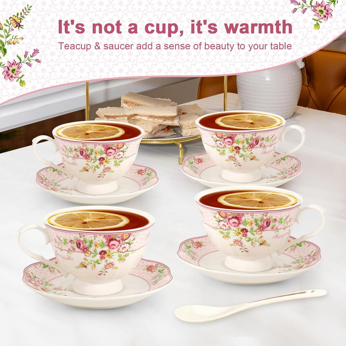 Cup and Saucer Sets of 6 with Spoon, 8oz Ceramic Tea Cups Saucers Set Porcelain New Bone China Floral Vintage Coffee Cup & Saucer Sets -Microwave Dishwasher Safe (Pink)