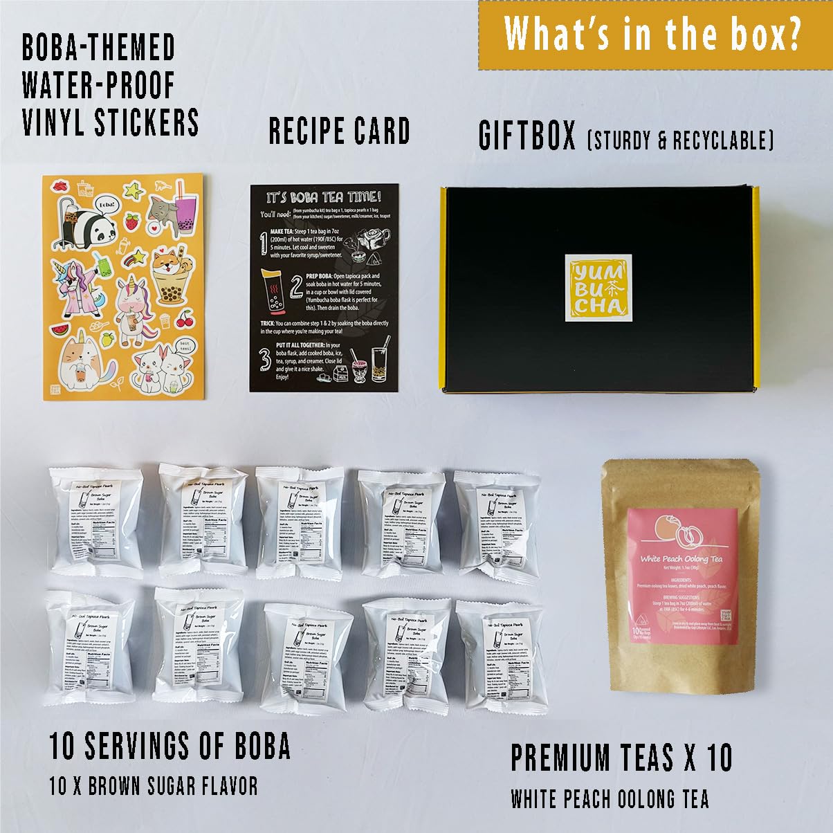 YUMBUCHA Boba Kit Set - DIY Tea Making Kit With White Peach Oolong & Tapioca Pearls - Create 10 Delightful Drinks - Exquisite Loose Leaf Teabags Included - Gift Set for Tea Lovers