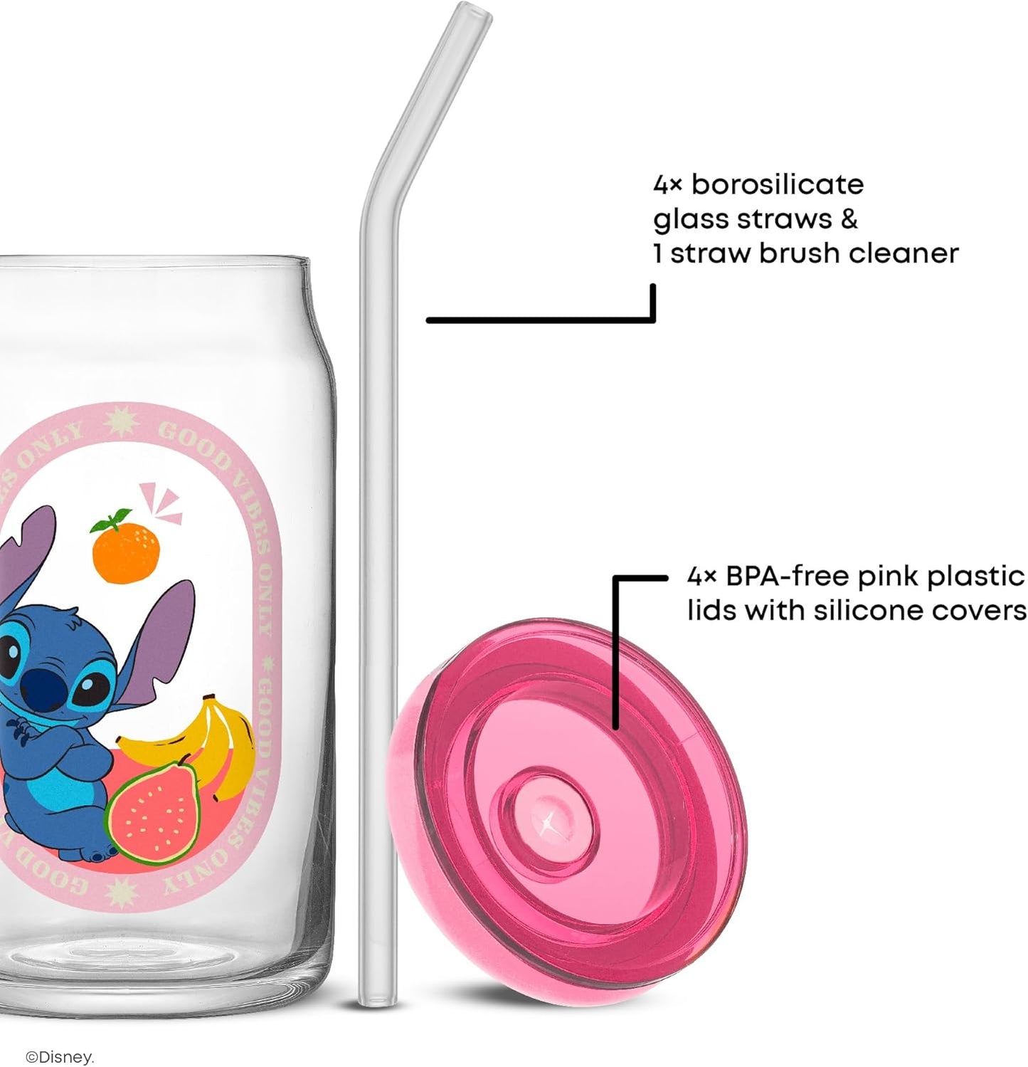 JoyJolt Disney Stitch Island Vibes Glass Tumblers with Lids and Straws, 16oz Glass Cups with Lids and Straws, Can Shaped Drinking Glasses Set of 4, Stitch Stuff, Disney Gifts for Adults