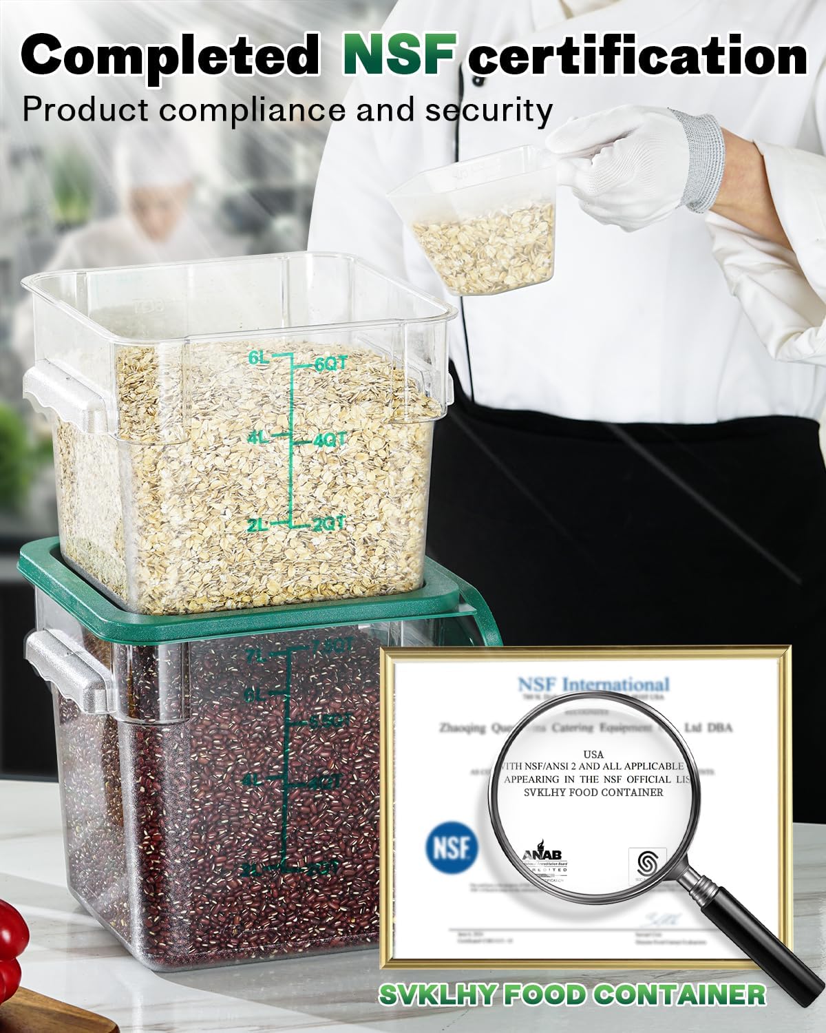 4QT NSF Food Storage Containers with Lids: 4 PCS [Total Food Grade][Hot&Cold Resistant] Commercial Clear Food Storage Containers for Restaurant Kitchen Proof Dough, Measuring Spoons Included(Green)