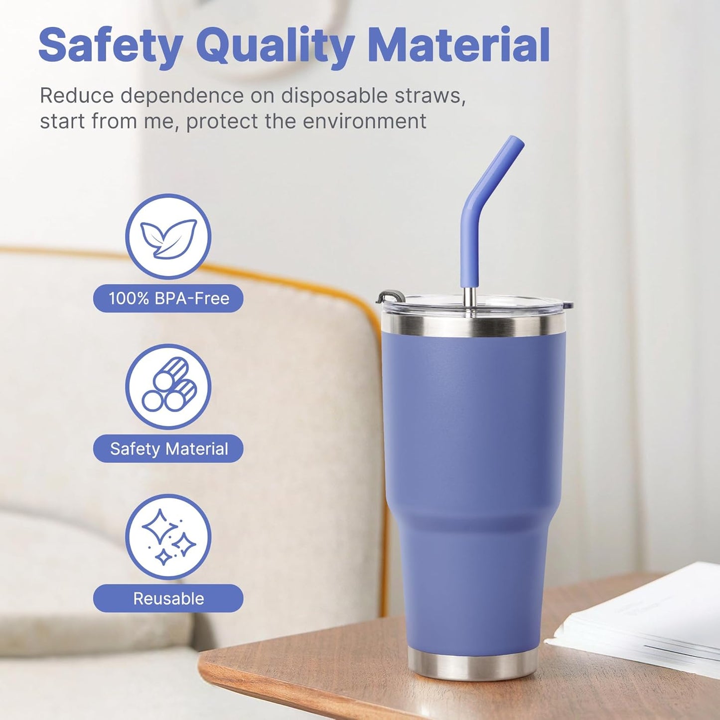 9.5" Metal Straws Reusable for 30/32 oz Tumbler, 5 Pcs Stainless Steel Drinking Straws for Yeti/RTIC/CIVAGO 30 oz Tumblers, 1 Portable Bag