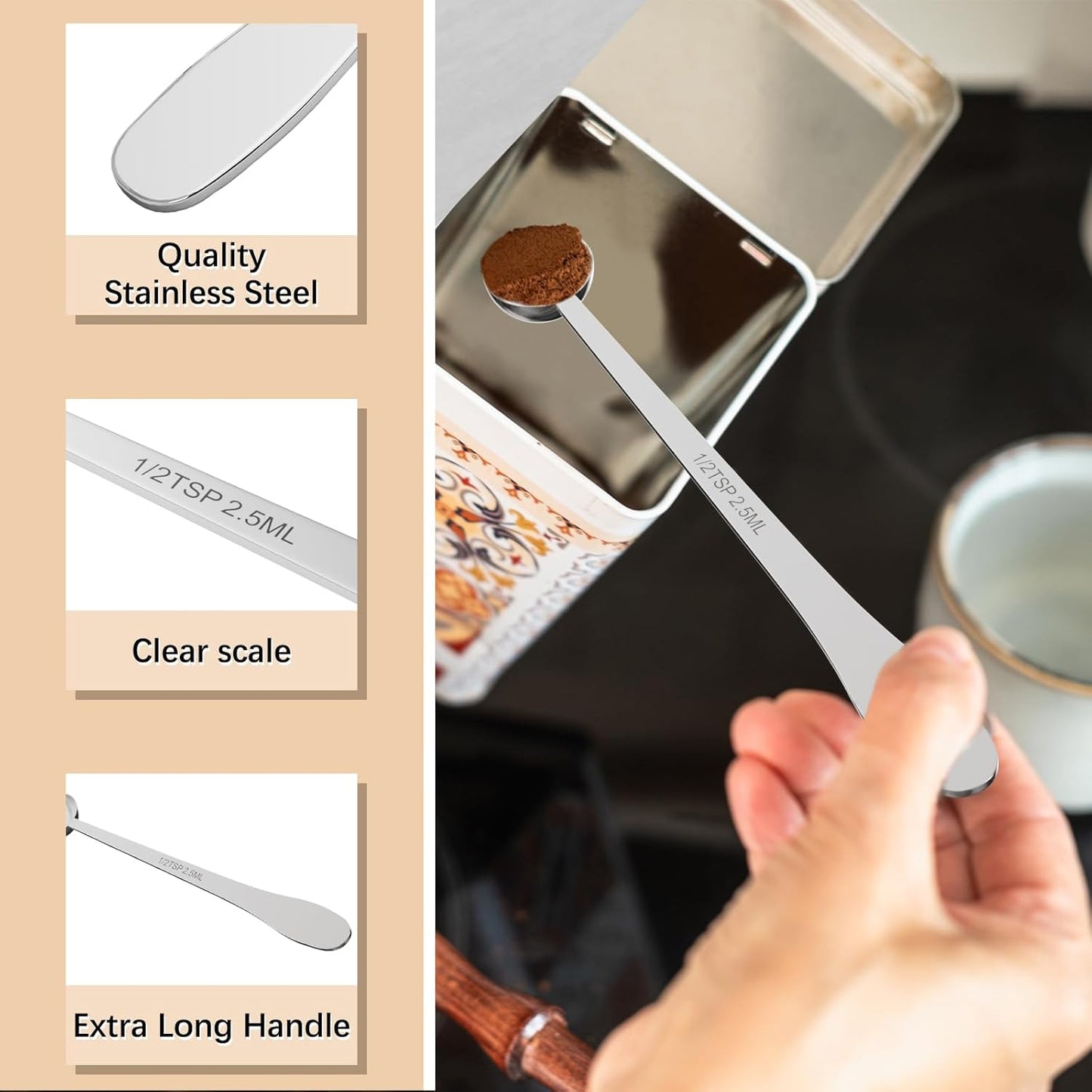 1PCS 1/2 Teaspoon(1/2tsp, 1/6tbsp, 2.5 ml) Single Measuring Spoon, Extra-long Handle Individual Measure Scoop, Stainless Steel Spoons Only