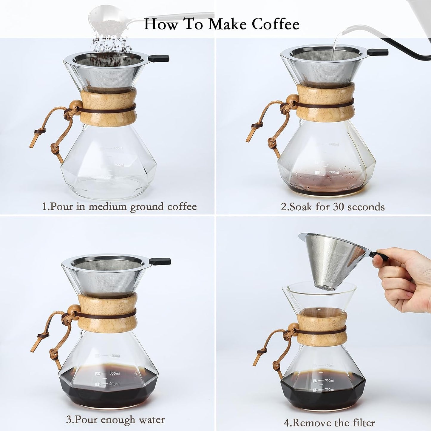 Pour Over Coffee Maker with Stainless Steel Filter, 20 oz Borosilicate Glass Coffee Carafe, Wooden Collar, Coffee Maker Carafe, Hold 3-4 Cups, 600 ml, Clear