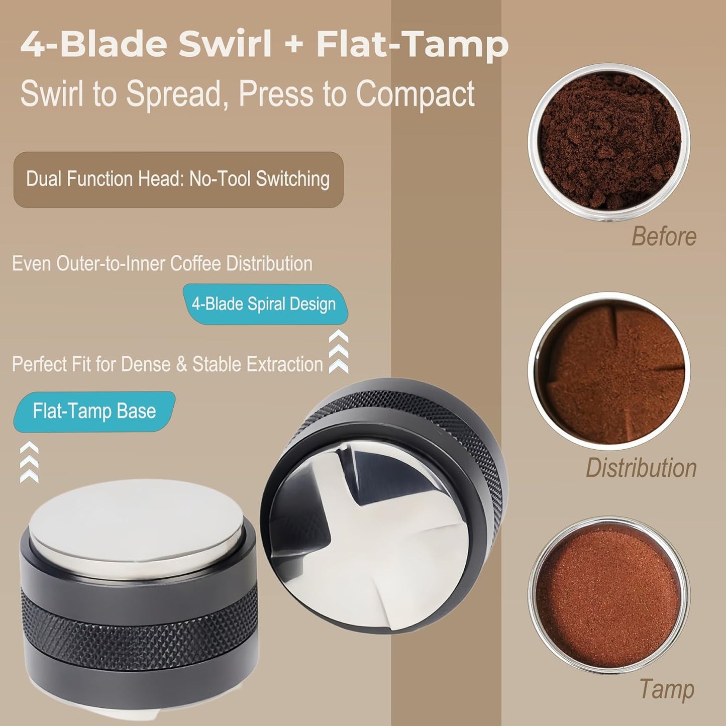 53mm Coffee Distributor & Tamper - Dual Head Adjustable Depth for Breville Barista Pro/Express/Touch - 304 Stainless Steel Compatible with 54mm Bottomless Portafilter, Black