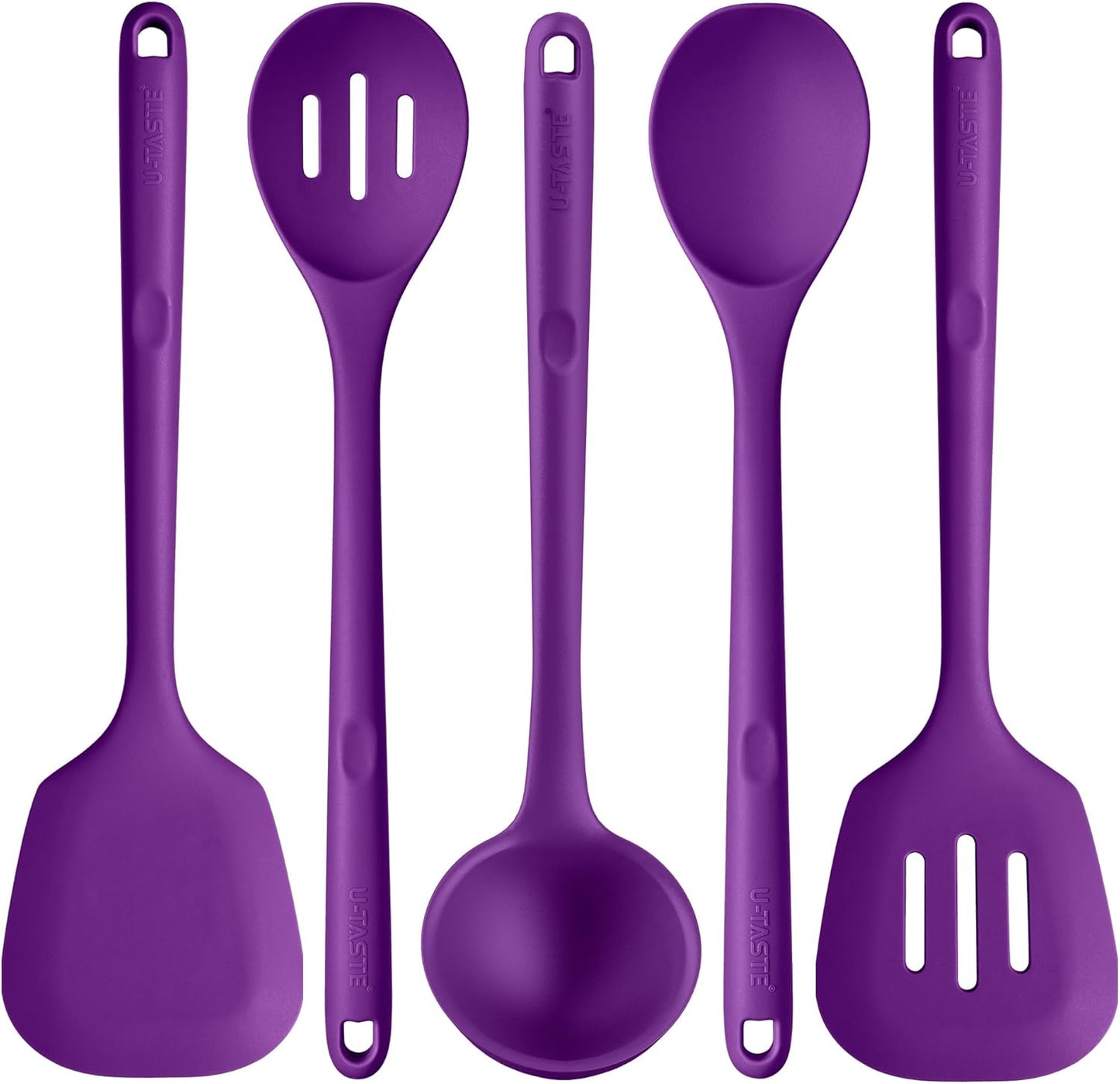 Silicone Kitchen Cooking Utensil Set: U-Taste 600ºF Heat Resistant 13.6in Extra Long Kitchen Tools, Food-Grade Non-Stick Spatula Turner Spoon Ladle for Stir Frying, Serving, Mixing (5 Pieces, Purple)