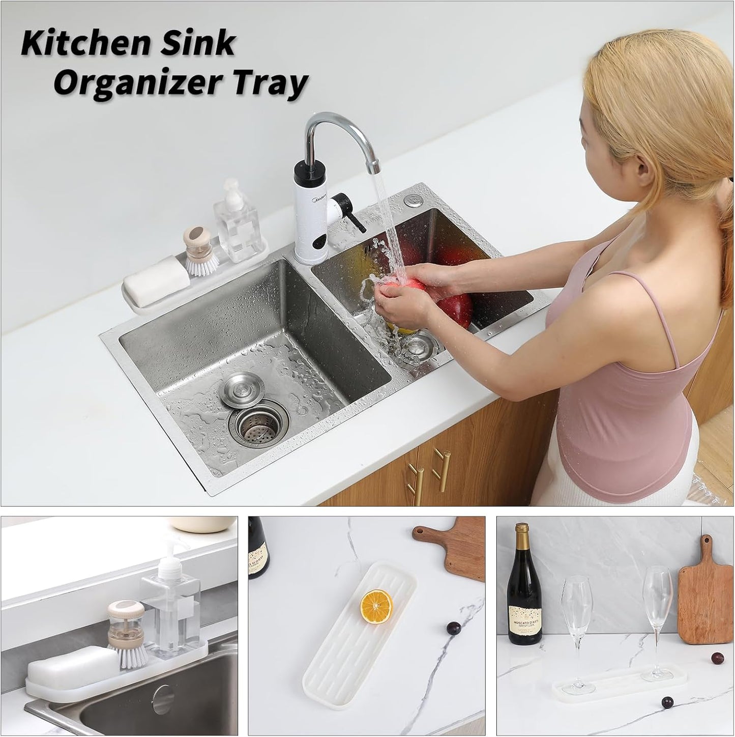 Silicone Kitchen Sink Organizer Tray for Multiple Usage,Easy Clean Sponges Holder for Kitchen Bathroom Counter or Sink,Dish Soap Dispenser,Scrubber,Bottle,Cup Translucent 12" x 4”