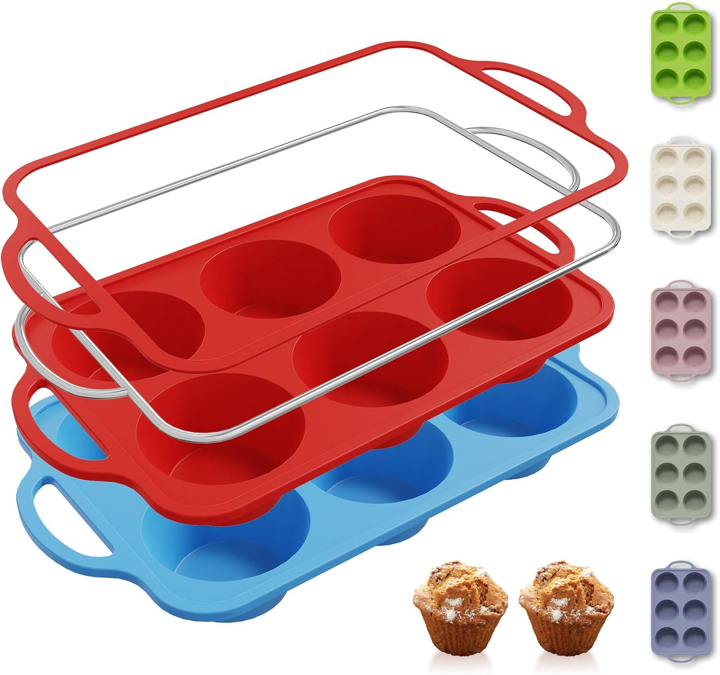 2 Packs 6 Cups Silicone Muffin Pan with Metal Reinforced Frame Jumbo Size Cupcake Pan Tray Egg Bites Cookie Molds Muffin Tin Tart Pans Moldes De Silicona Para Gelatina Hornear Flan Chocoflan