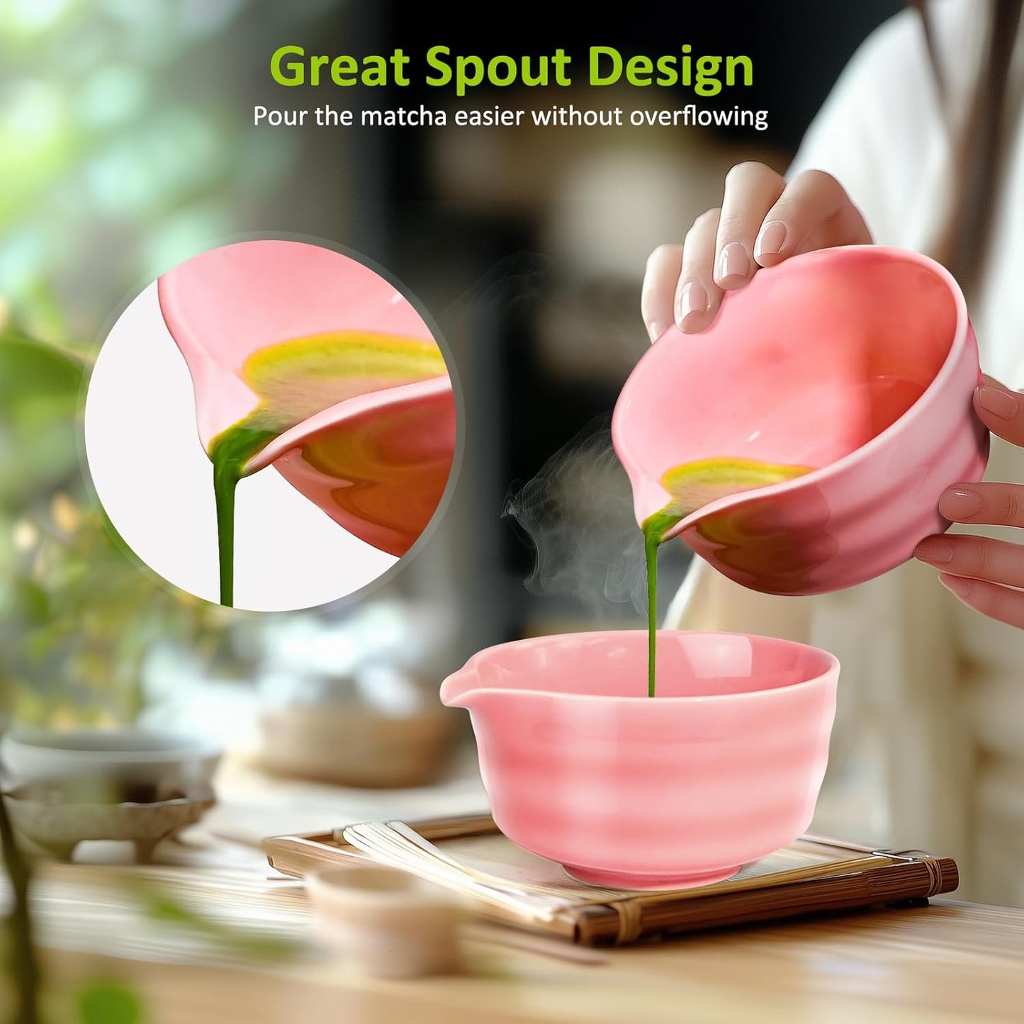 Matcha Set, 9 Pcs Japanese Matcha Whisk Set Matcha Tea Set for Traditional Tea Ceremony, Ceramic Matcha Kit for Matcha Drinks Matcha Set Whisk and Bowl Gift for Starters & Matcha Lover, Pink