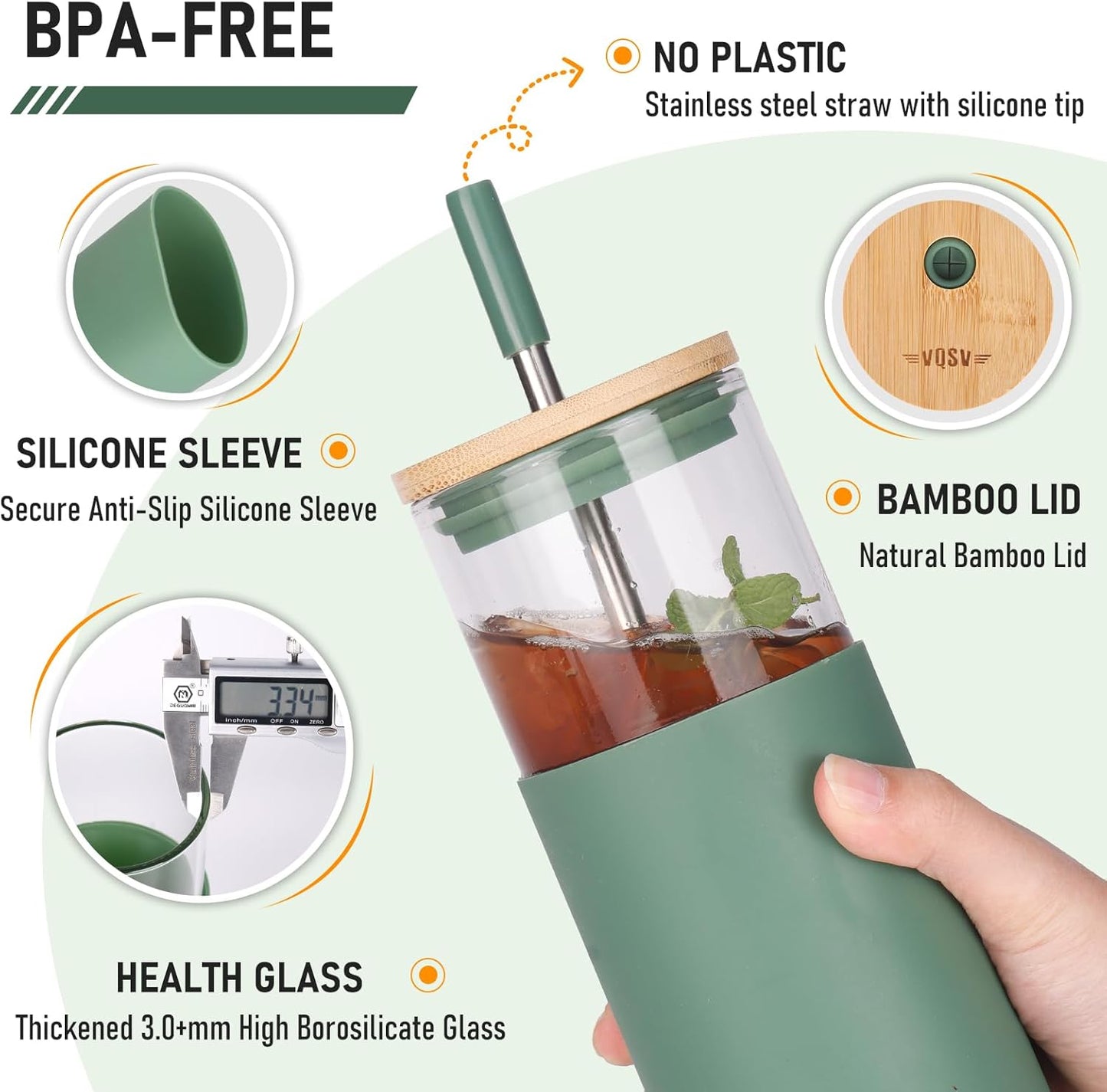Glass Tumbler w/Lids & Straw: 24 oz Reusable Glass Cup w/Bamboo Lid, Stainless Steel Straws, BPA-Free, Leak-Proof, Dishwasher Safe for Coffee/Smoothies/Hot Beverage, Travel/Office/Home Use, 1-Pk