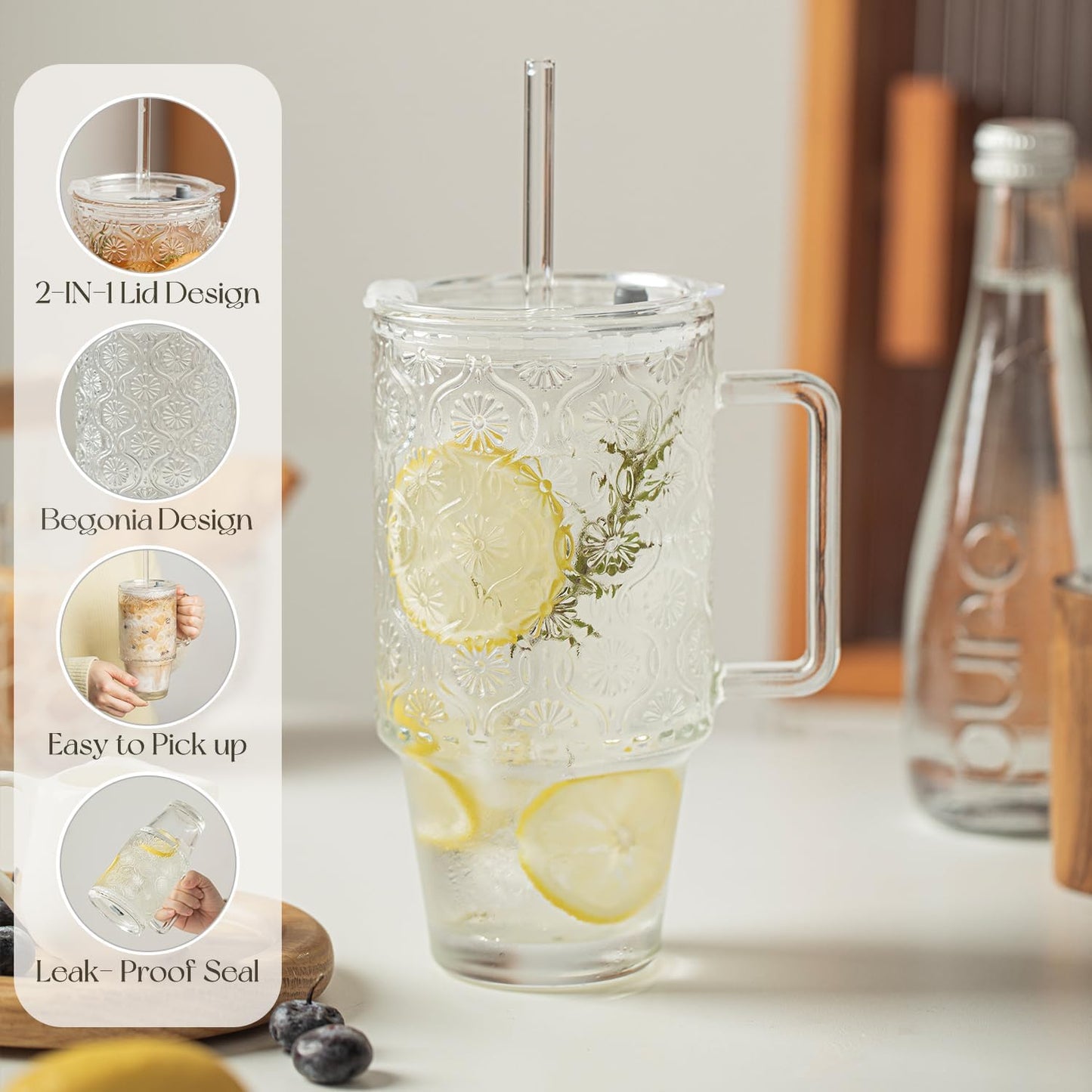 KEMORELA 4-Pack 24 Oz Glass Tumblers with Straws and Lids, Iced Coffee Cups with Begonia Floral Pattern, Smoothie Cups with Handles, Reusable Cold Drinkware, Glass Tumblers for Beverages