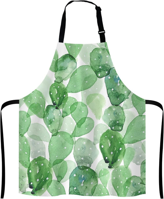 Cute Watercolor Cactus Adjustable Bib Apron, Succulent Olive Green Botanical Cooking Kitchen Apron for Men Women