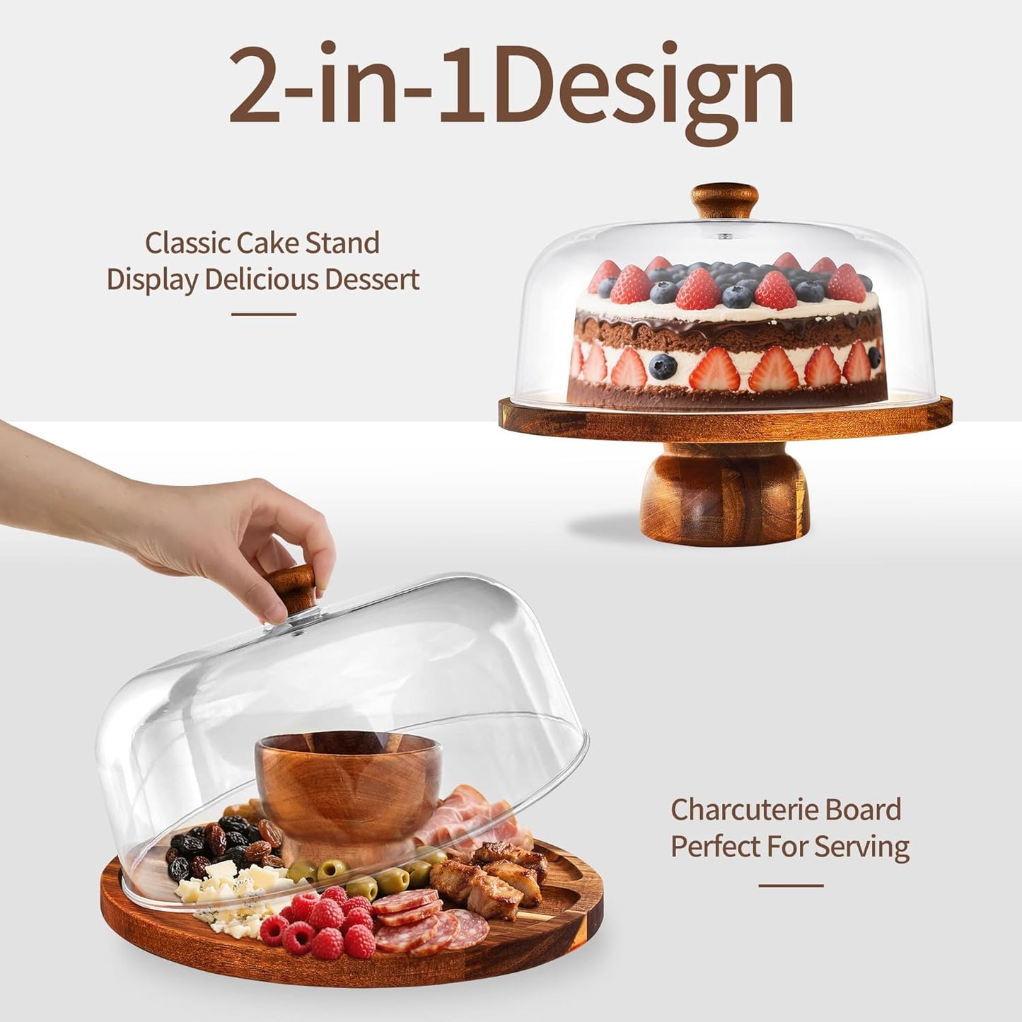 Wood-Cake-Stand With Acrylic Dome Lid, Round Wooden Cake Holder Plate With Cover, 2-in-1 Dessert Table Display Set For Party, Charcuterie Board For Cheese, Chips & Dips, Nachos, Fruit Platter