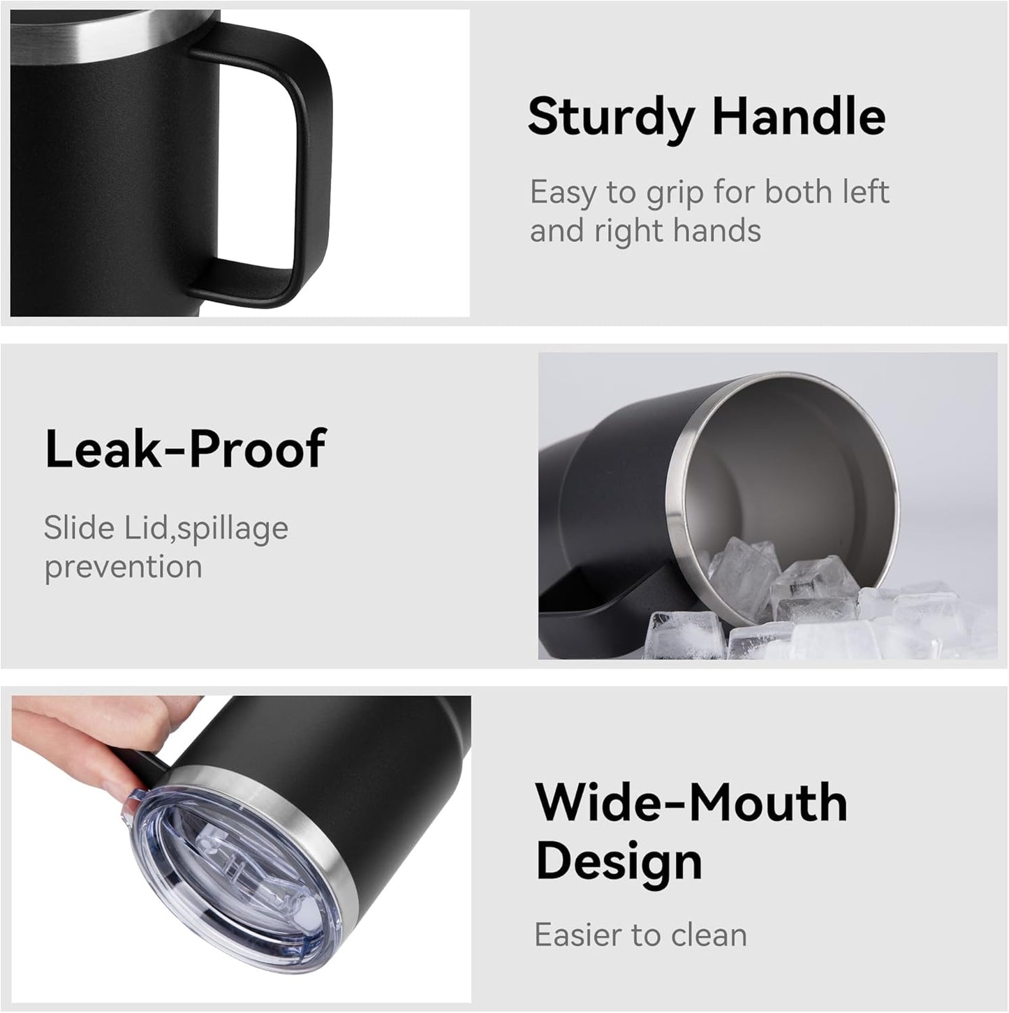 HASLE OUTFITTERS 20oz Tumbler with Lid, Stainless Steel Tumbler with Handle, Metal Insulated Travel Coffee Mug with Handle, Double Wall Vacuum Spill Proof Tumbler Cup, Black 1 Pack