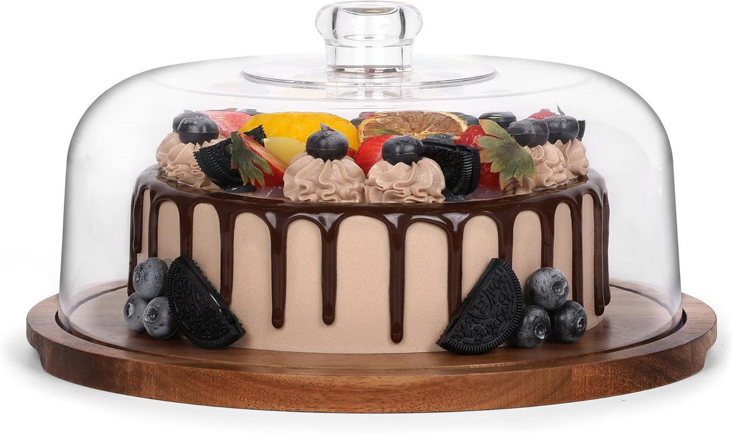 Bellsal Cake Stand with Clear Acrylic Dome Lid, 12in Acacia Wood Cake Holder with Lid, Cake Plate with Lid for Baking Gifts, Cake Display Server Tray for Birthday Party Weddings