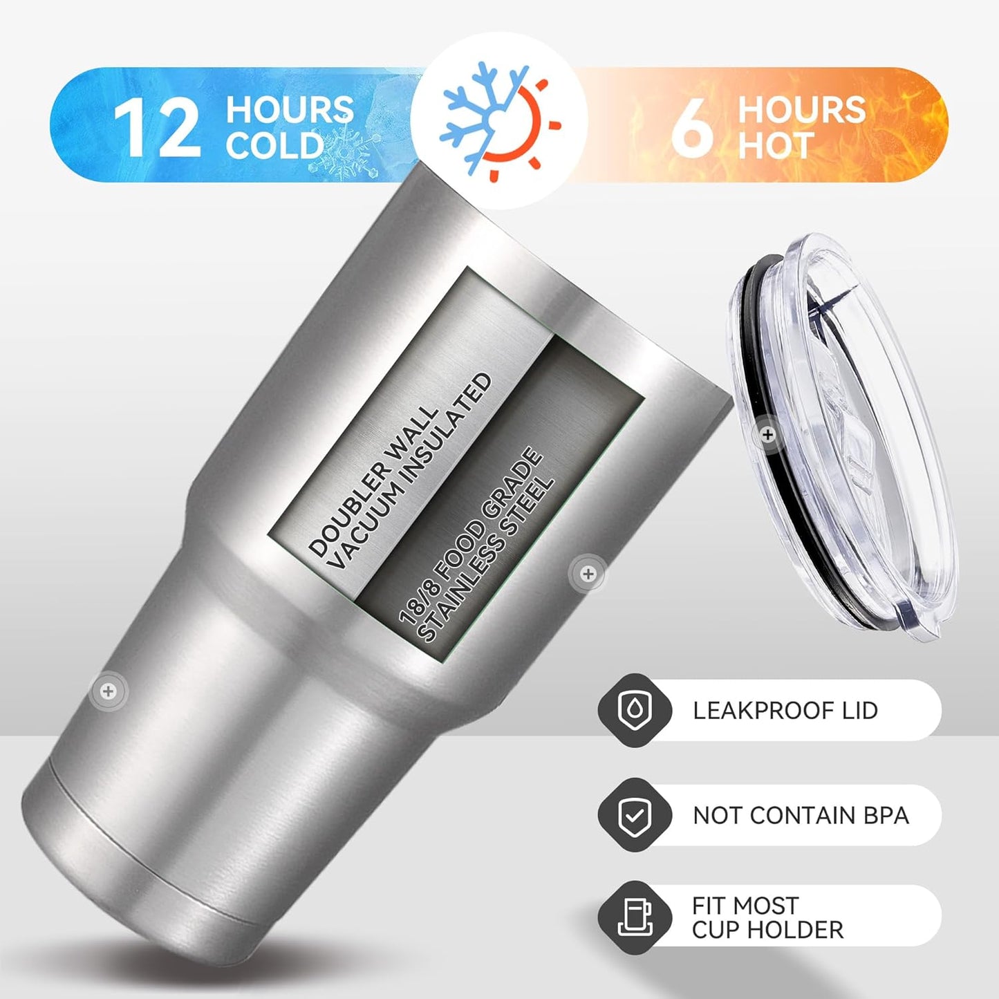 30 oz Tumbler with Lid Stainless Steel Tumblers Vacuum Insulated Cup Reusable Powder Coated Travel Mug Double Wall Leak Proof Portable Cups Keep Cold Drinks for 12 Hours, Stainless, 1 Pack