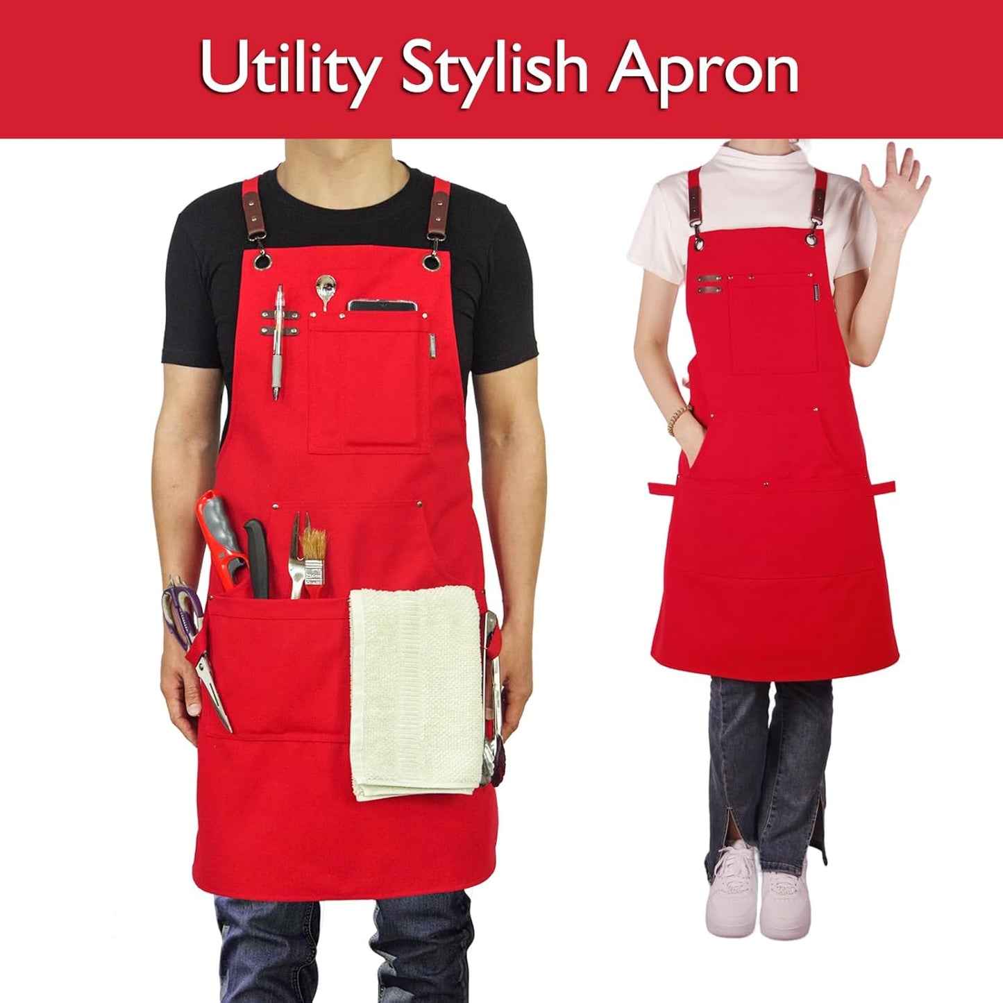 5 Pack Kitchen Apron, Work Apron, Canvas, Multiple Pockets, Gardening, Painting, BBQ, Artist, Carpenter, Sizes M to XXL, Red