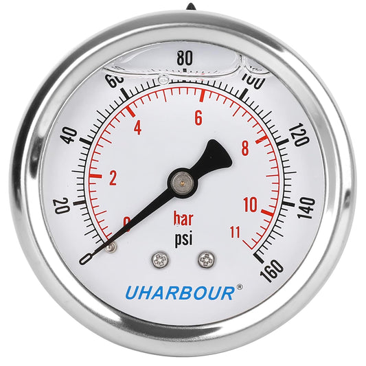 Glycerin Filled Pressure Gauge 160psi/11bar, Stainless Steel case, Brass Inside Construction, 2-1/2" dial, 1/4" NPT Back Connection.…