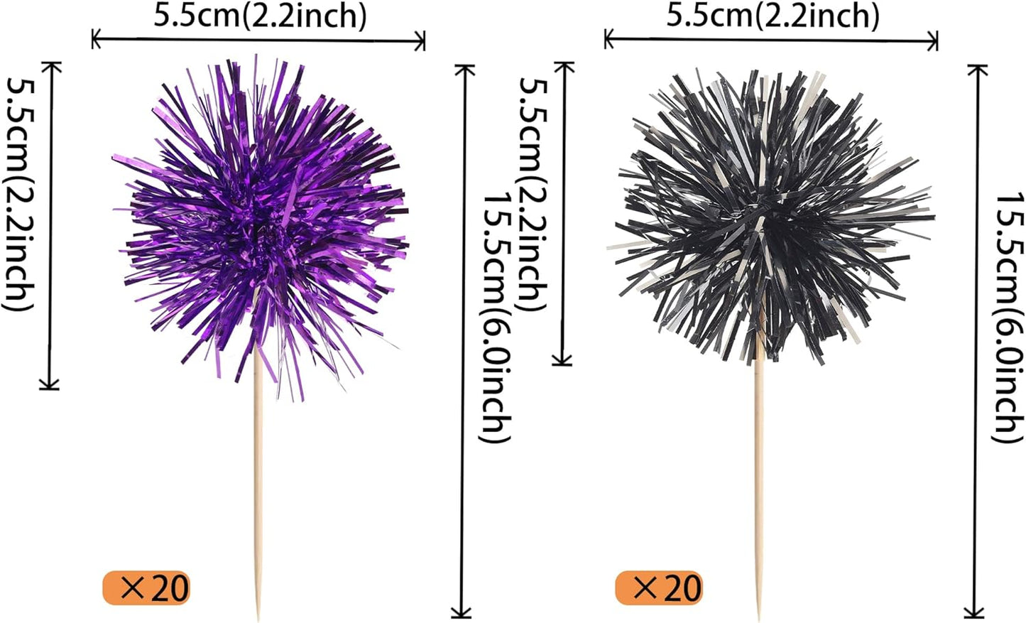 40 PCS Foil Firework Cupcake Toppers Sparkle Tinsel Cupcake Picks Fireworks Birthday Party Decorations Cocktail Fruit Toothpick for Birthday Wedding Graduation Party Decorations Supplies Black Purple