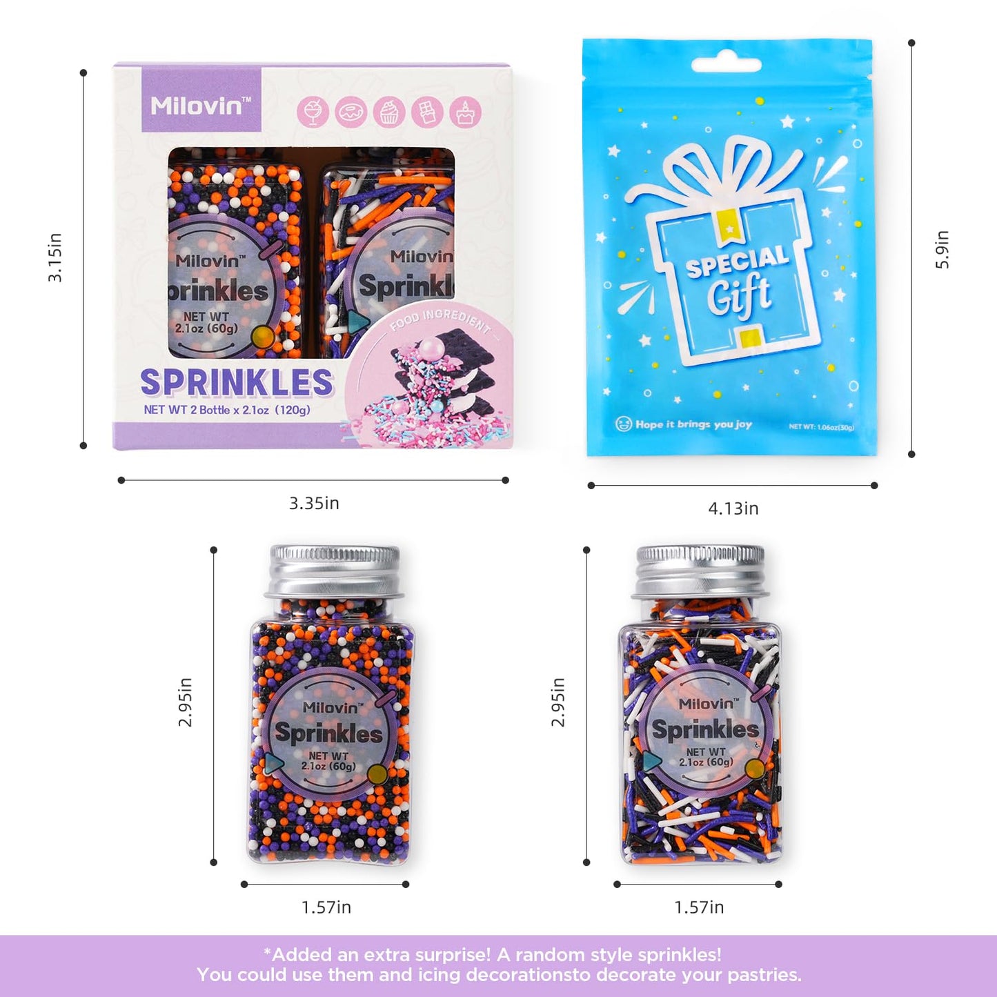 Edible Halloween Sprinkles for Cake Decorating, Halloween Jimmies Sprinkle, Nonpareils Sprinkle, White, Orange, Purple, and Black Sprinkles for Cupcakes, Macarons, Ice Cream, and Cookies