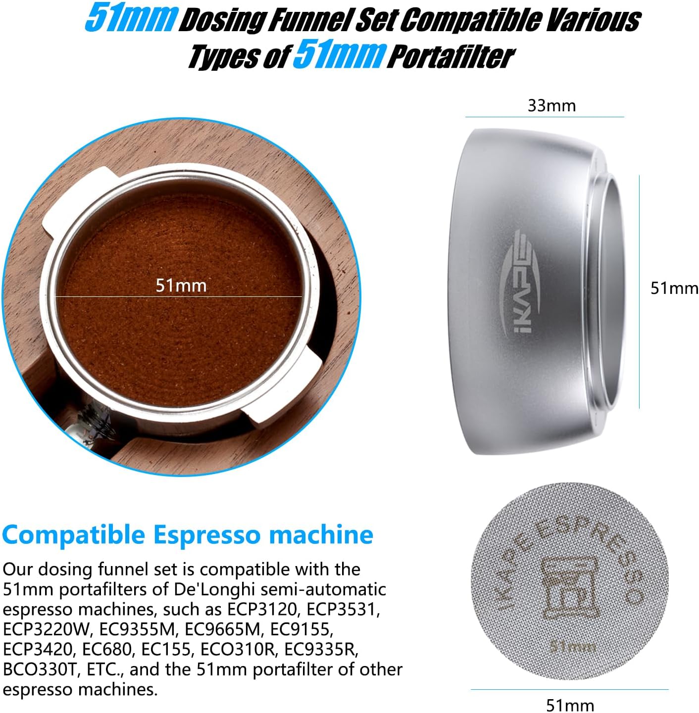 IKAPE Magnetic Dosing Funnel Set, 51MM Espresso Dosing Ring & Puck Screen Kit Compatible with Delonghi 51MM Bottomless Portafilter - with 8 Small Magnet (Silver)