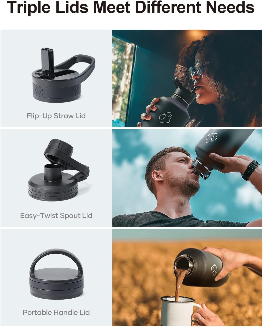 BUZIO 64 oz Water Bottle Insulated with Straw & 3 lid and Carrying Pouch, Leak Proof Half Gallon Stainless Steel Water Flask Jug, Cold for 48 Hrs Double Vacuum Thermo Canteen, BPA-Free, Shadow