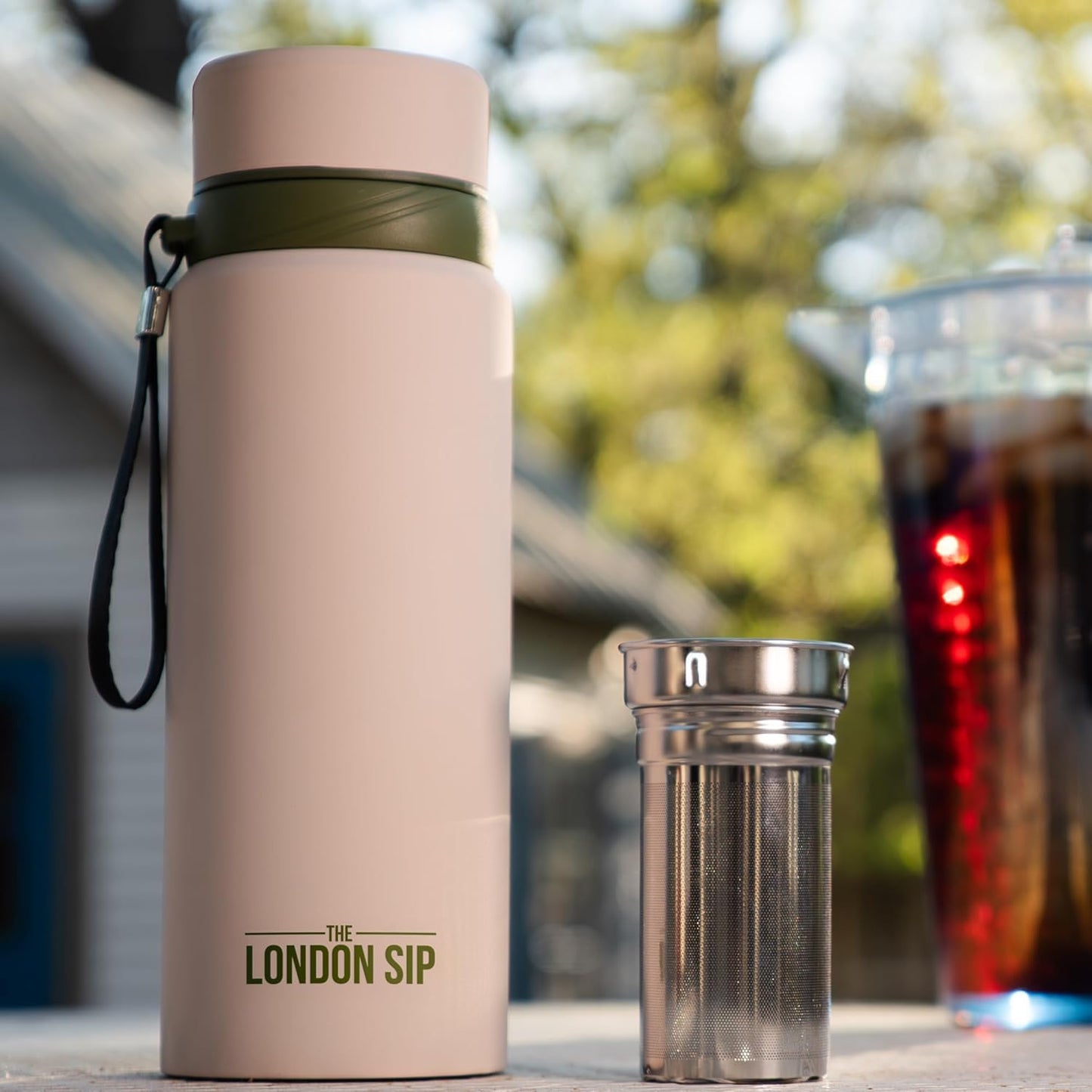 London Sip 25 oz Multi-Purpose Tea Infuser Mug – Fruit Infuser Water Bottle for Hot and Cold – Double Wall Stainless Steel Insulated, Safari Beige