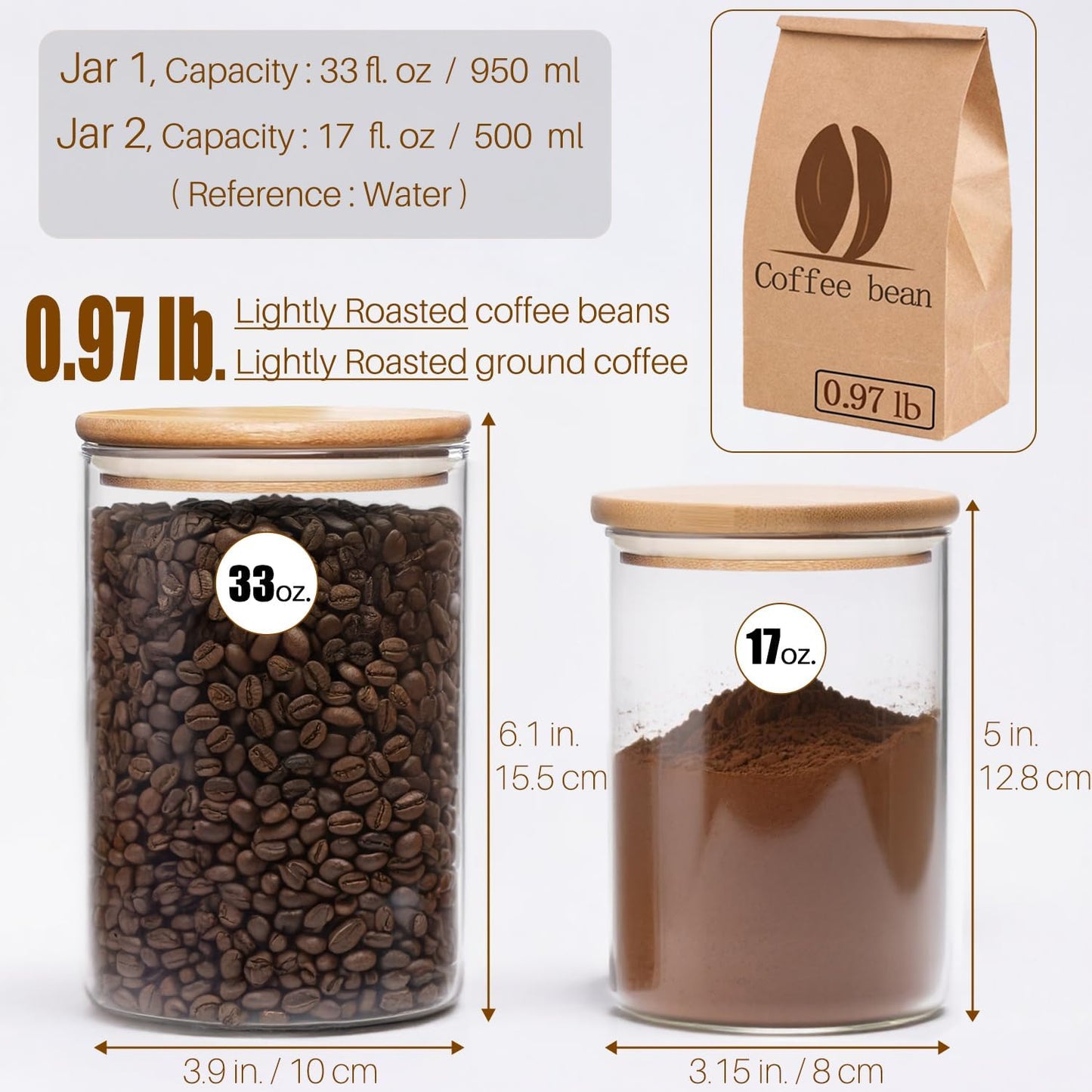 33 oz Glass Food Storage Jars with Airtight Lids, Clear Glass Jar with Bamboo Lid, Airtight Food Canister for Tea, Candy, Coffee, Sugar, Cookie, Snack. (Round | 5+6 Inch) SET of 3