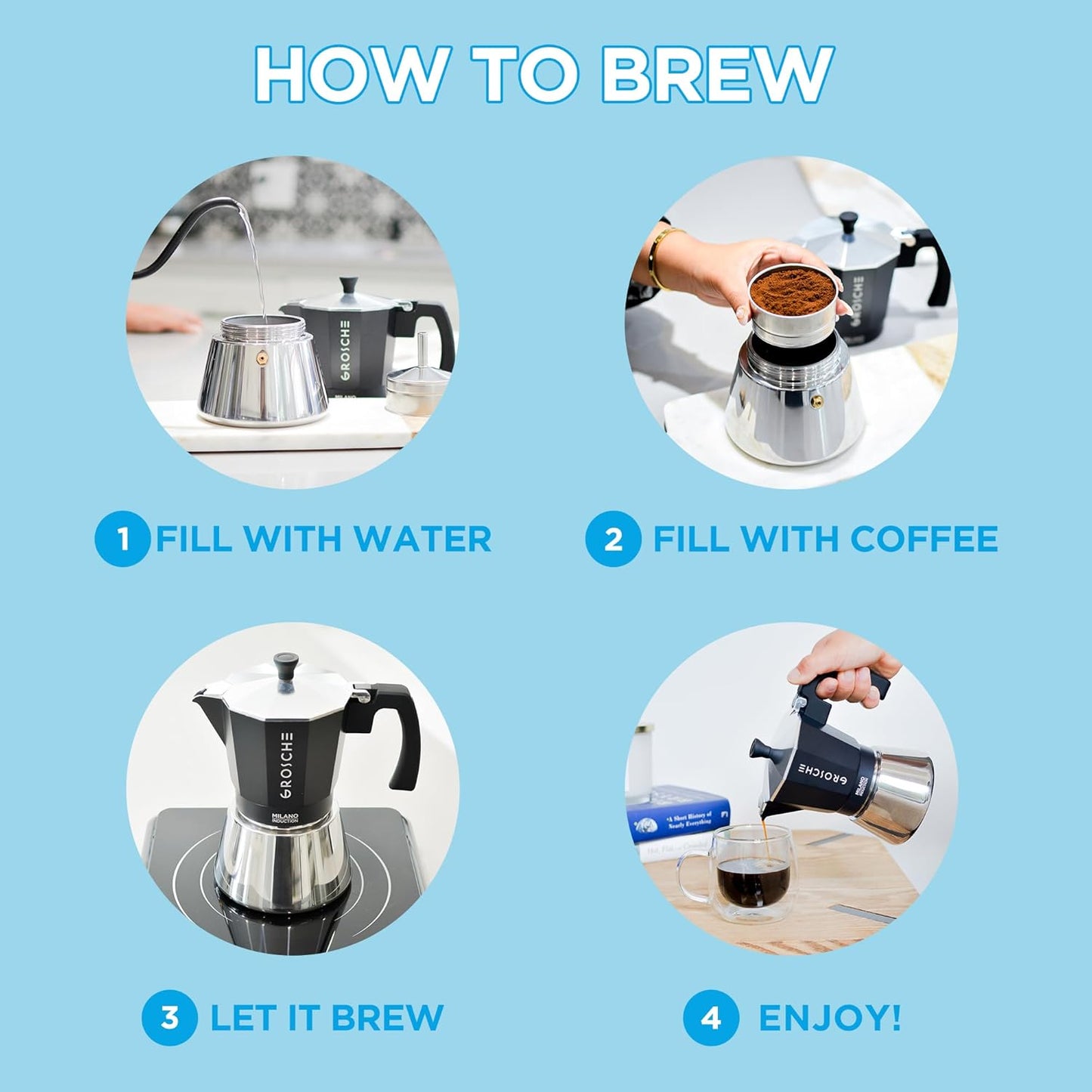 GROSCHE Milano Induction Stovetop Espresso Maker Moka Pot for Greca, Induction, Electric & Gas Stoves, Dishwasher Safe Stovetop Espresso Maker | 9 Espresso Cup, Black