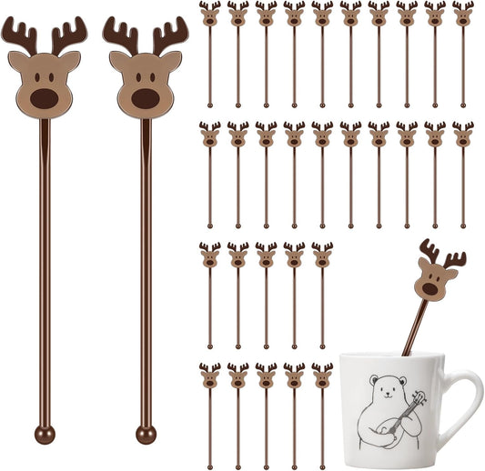 30 Pcs Christmas Drink Stirrers Xmas Stir Stick Holiday Coffee Swizzle Stick Reusable Plastic Hot Cocoa Bar Chocolate Decoration Cocktail Mixer(Reindeer,Lively Color)