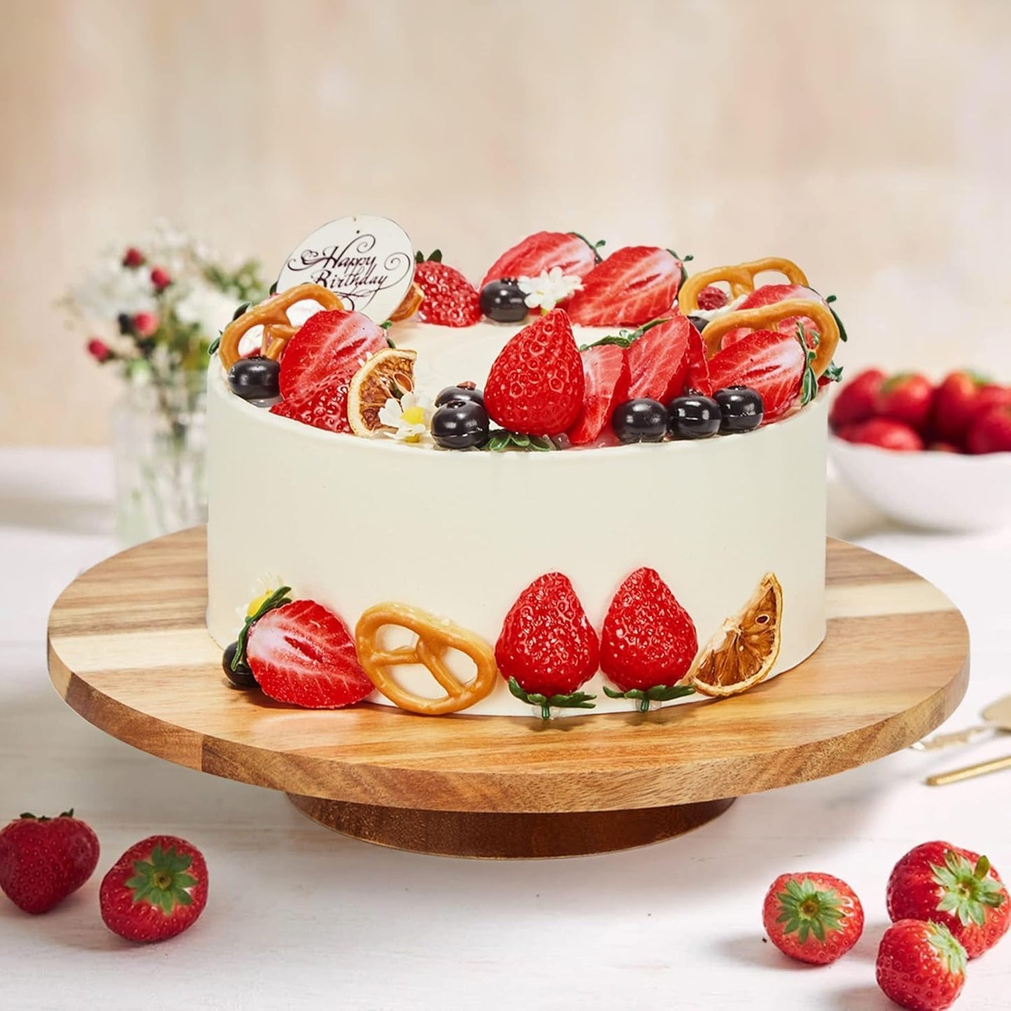 12" Acacia Wood Revolving Cake Stand, 2" High Rotating Cake Turntable, Wooden Rotating Display Stand for Cake, Cupcake Decorating Supplies