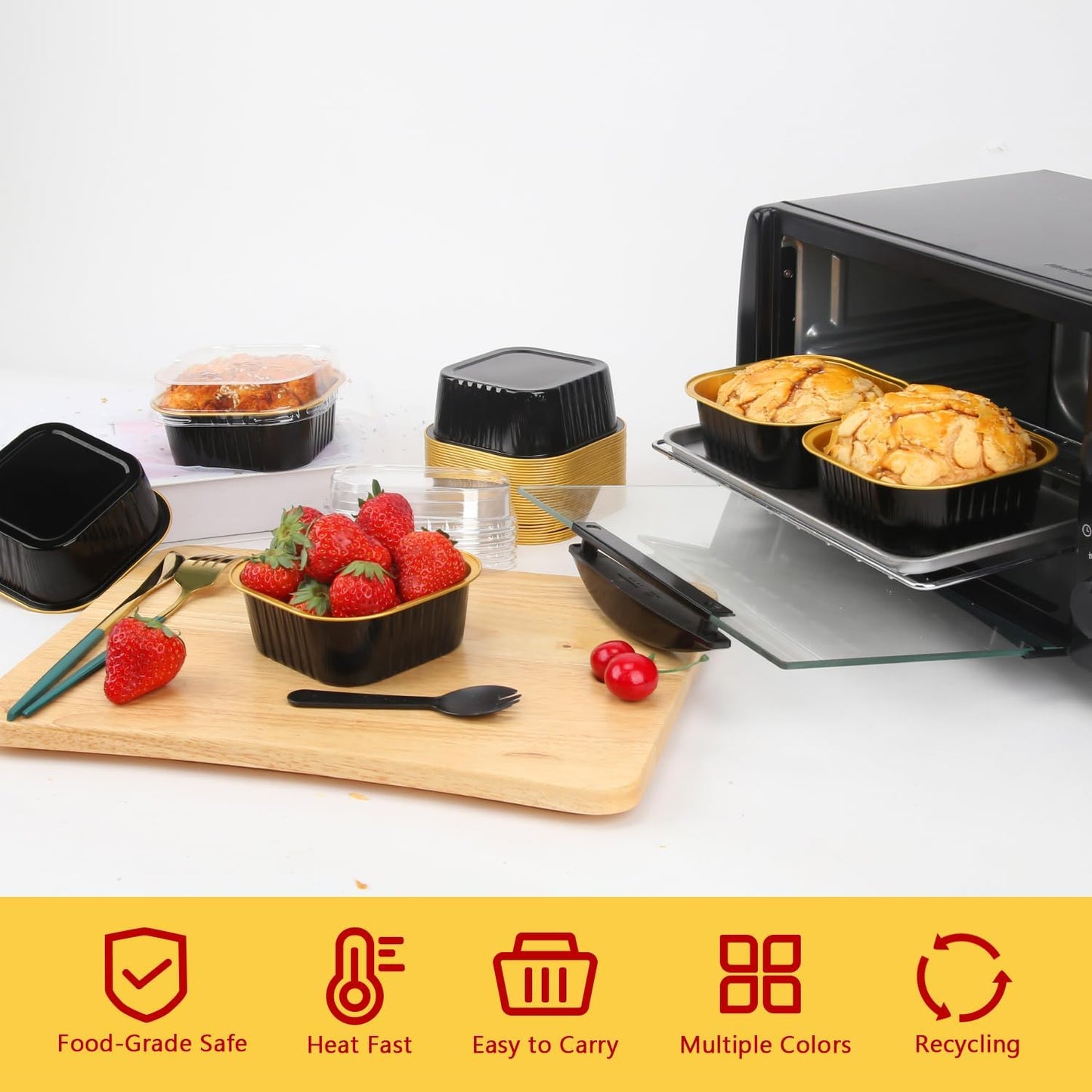 10oz/80pack Mini Cake Pans with Lids,LNYZQUS Small Foil Baking Tins Brownie Baking Cups,4”x4” Disposable Ramekins Jumbo Cupcake Muffin Pan Mini Aluminum Containers Holders-Black