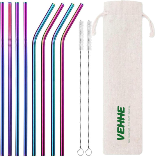 VEHHE Metal Straws Drinking Straws 10.5" Stainless Steel Straws Reusable 8 Set - Ultra Long Rainbow Color-Cleaning Brush for 20/30 Oz for Yeti