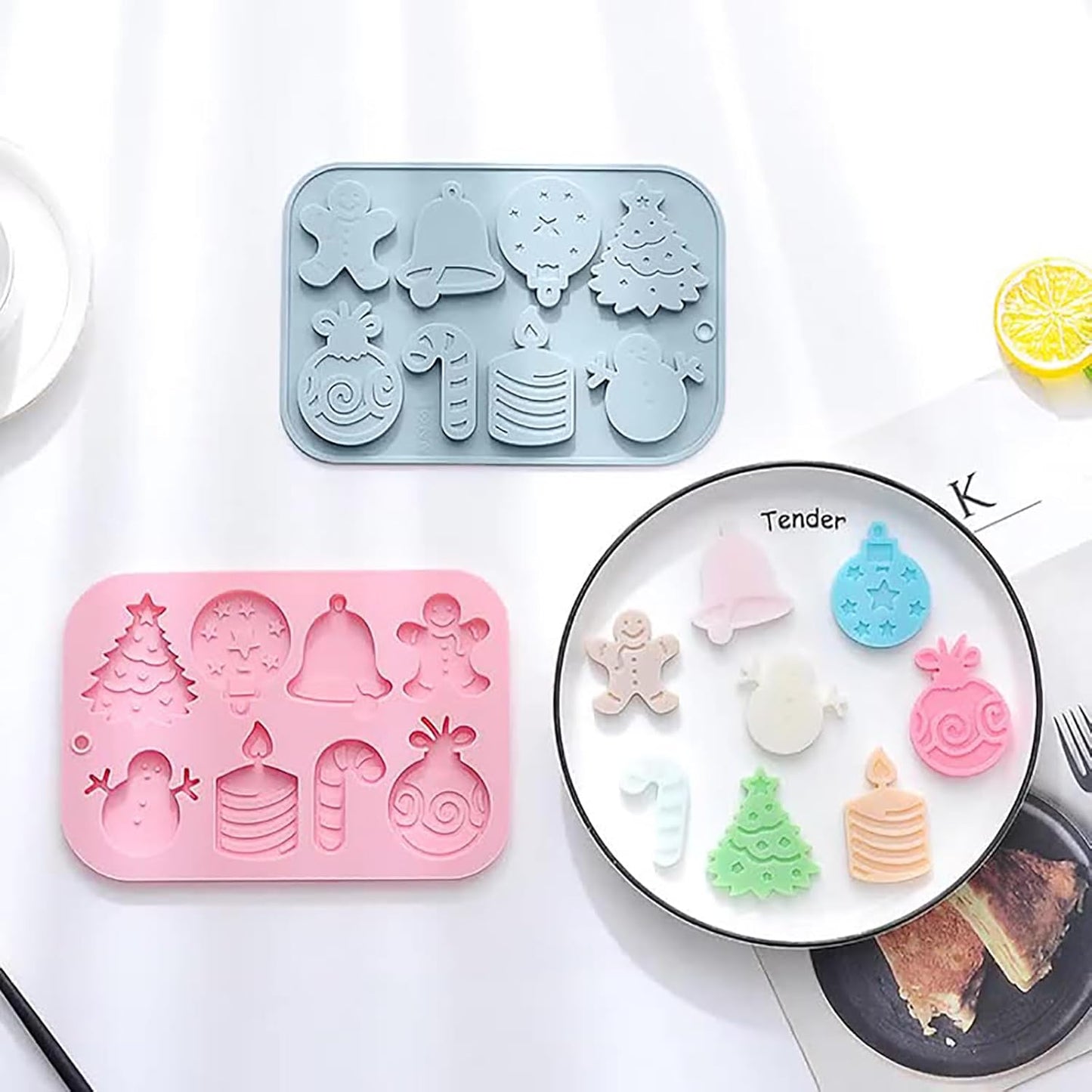 Christmas Silicone Chocolate Molds, 2 Pcs Snowman Bell Candle Gingerbread Man Walking Stick Christmas Tree and Gift Set 3D Shaped Molds, for Jelly Soap Fondant Candy Pastry Gummies Cake Decorating