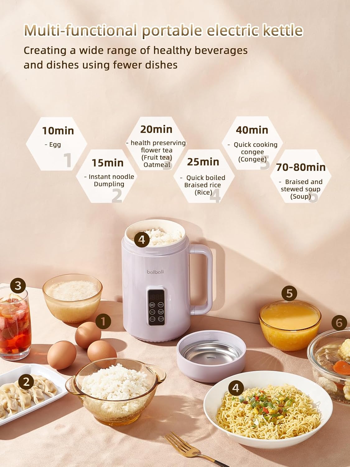 balbali Portable Electric Pot for Cooking Dorm Room - 28oz Non-stick Travel Electric Kettle, Mini Hot Pot with Temperature and Time Control - Self Heating Soup/Rice/Ramen Cooker/Warmer Purple