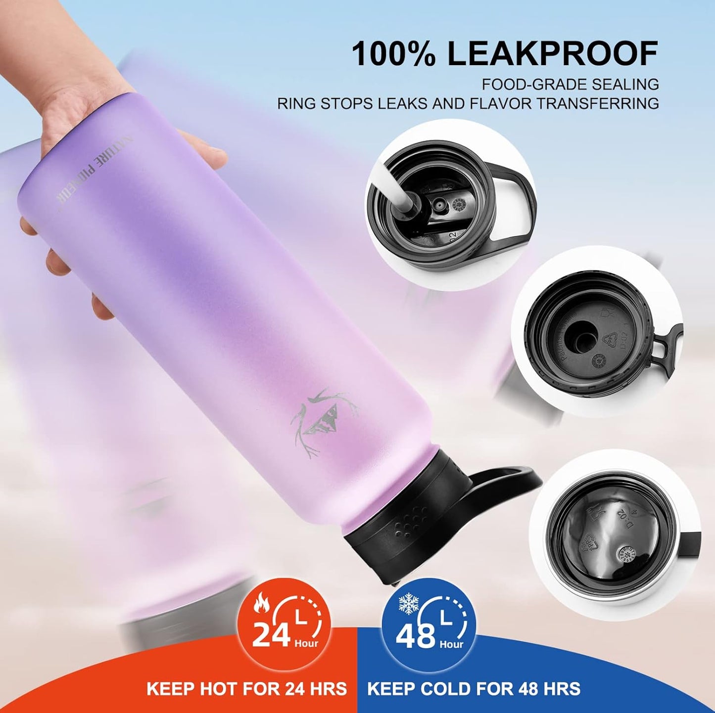 NATURE PIONEOR Insulated Water Bottles with Straw - 40oz Stainless Steel Vacuum Bottle with Holder/Carrier/Sleeve - Reusable 18/8 Food Grade 40 oz Water Jug