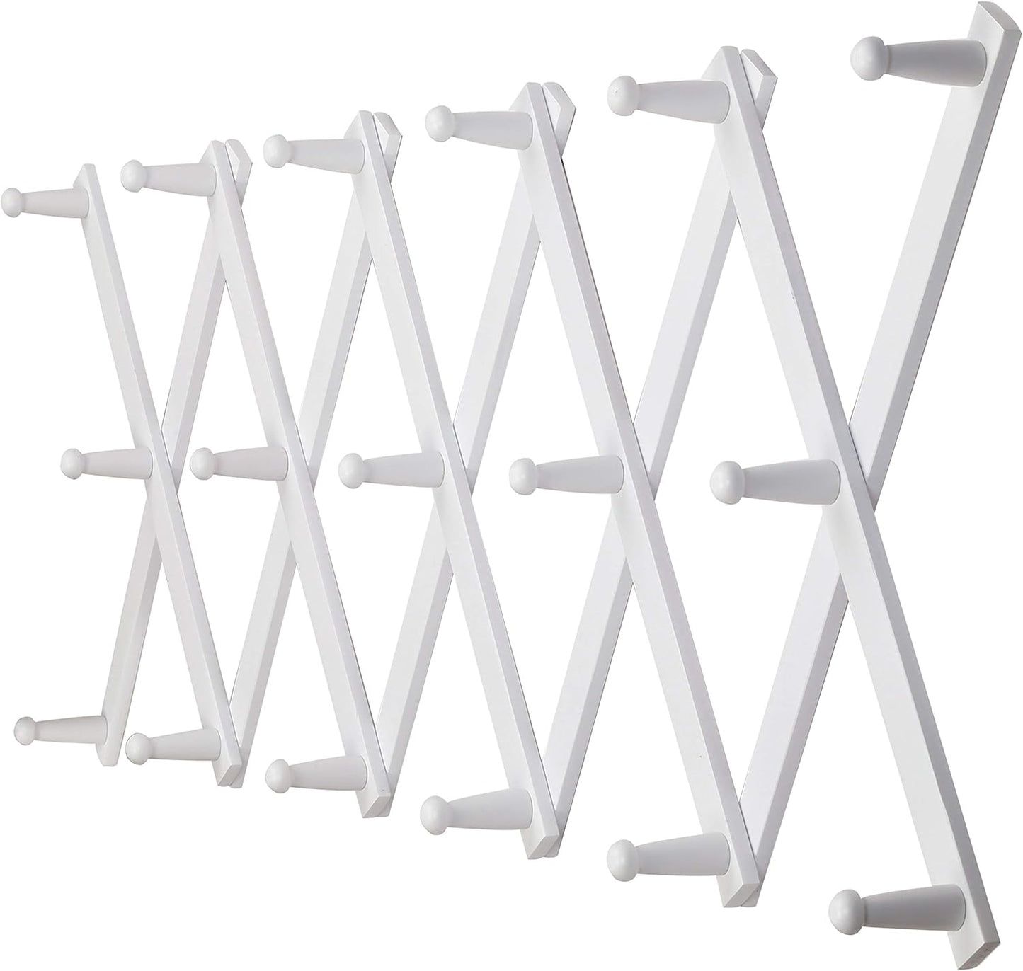 Dseap Accordian Wall Hanger: 16” High Wooden Wall Expandable Coat Rack, Hat Rack Holder, Accordion Hook for Baseball Caps, Coats, Mugs, 17 Peg Hooks, White