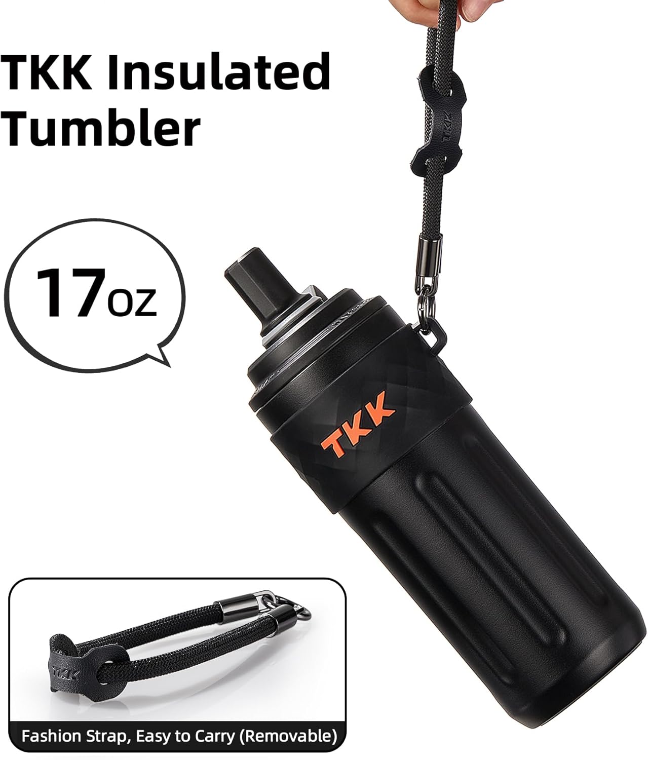 TKK 17 OZ Travel Tumbler Ceramic Lining with Straw Lid, Stainless Steel Vacuum Insulated Double Wall Coffee Tumbler, Leak Proof Iced Water Bottle with Carry Strap for Hot & Cold Drinks, Black