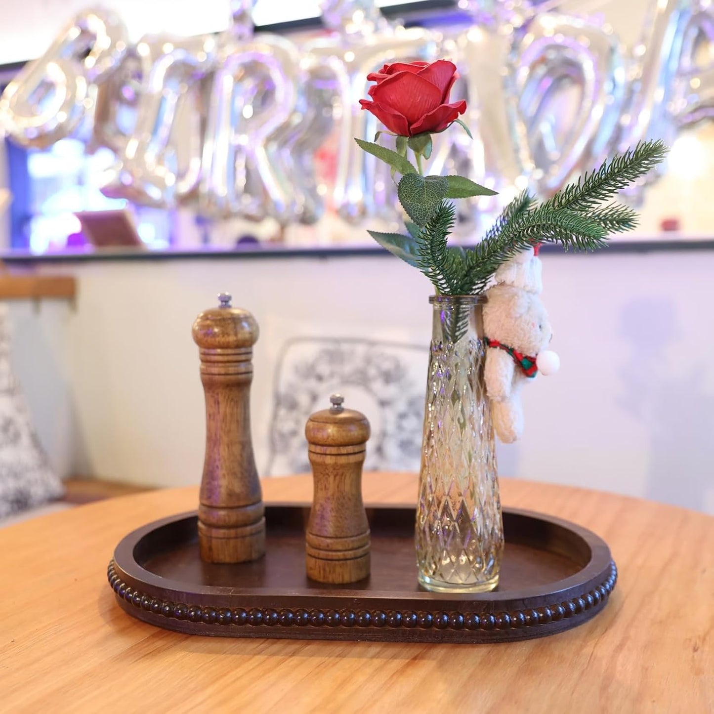 Oval Wood Decorative Tray with Wooden Beads, Vintage Serving Platter Tray for Ottoman, Coffee Table, Entertaining, Kitchen Counter Organizer, Home Decor (Retro Brown)