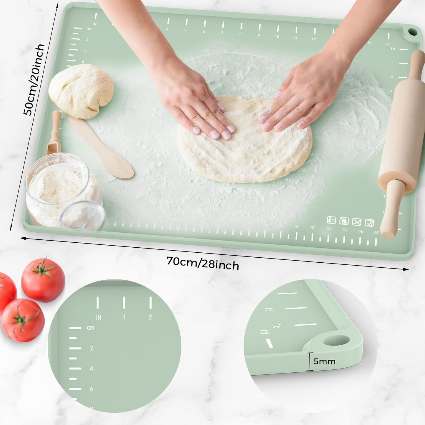 Silicone Baking Mat 28" x 20", Extra Thick Dough Rolling Mat with Measurements and Edge Heightening, Non-stick Food Grade Silicone Pastry Mat for for Pastry, Bread, Cookies, Pizza, Fondant, Pasta