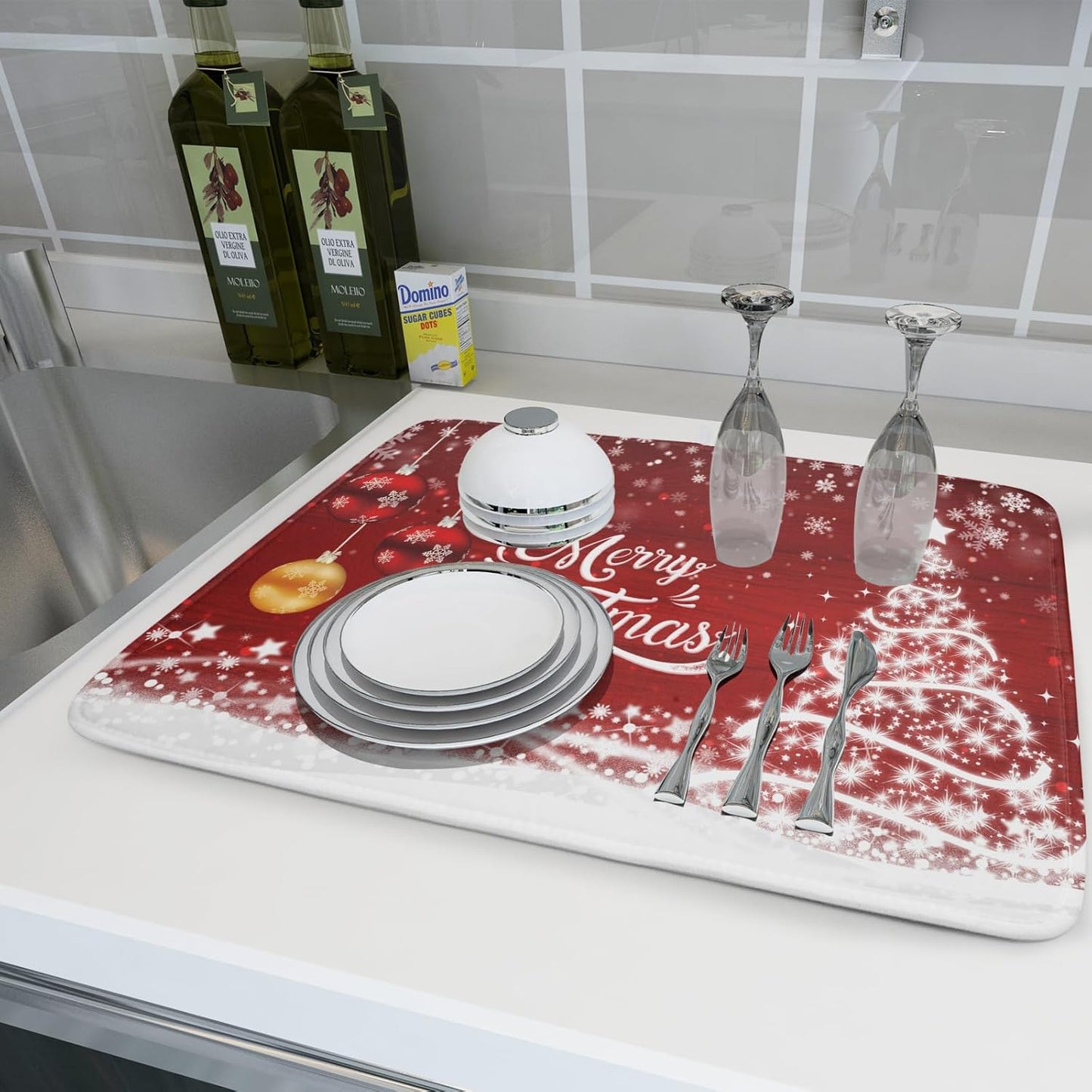Merry Christmas Dish Drying Mat for Kitchen Counter Winter Snowflake Pine Fast Absorbent Red Drying Mat 18x24 Inch Xmas Jingle Bells Decoration Dishes Pad Dish Drainer Rack Mats Holiday Decor