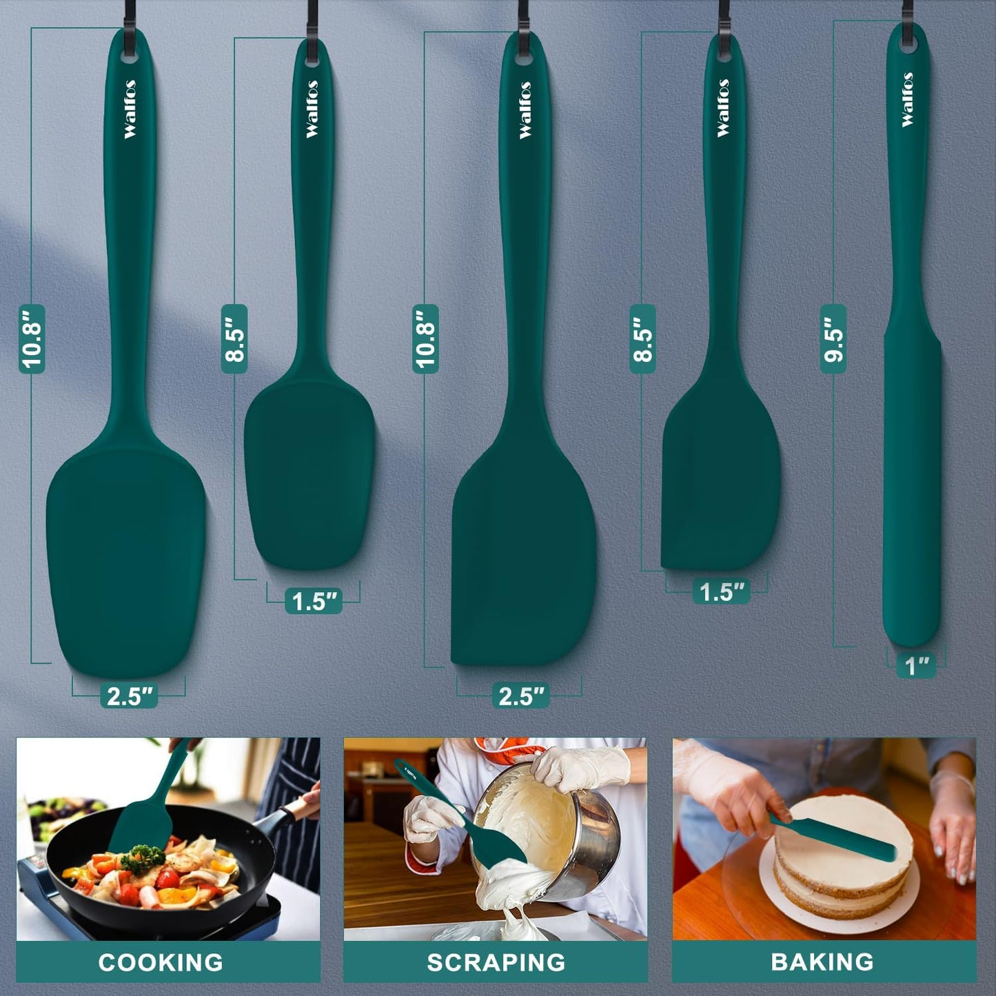 Walfos Silicone Spatula Set of 5 - (600°F) High Heat Resistant Dark Green Kitchen Scraper Spatulas, One-Pieces Seamless Design, Perfect for Cooking Mixing & Baking - BPA Free and Dishwasher Safe